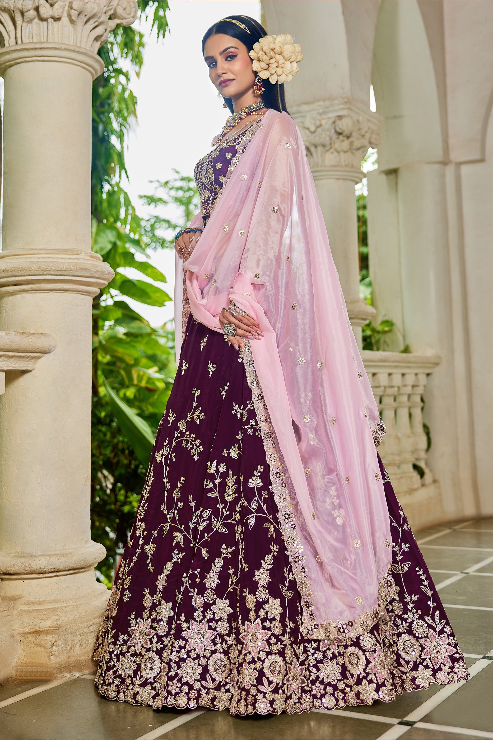 Wine Readymade Embroidered Organza Silk Lehenga-SAR10066_4_SareeButa.com