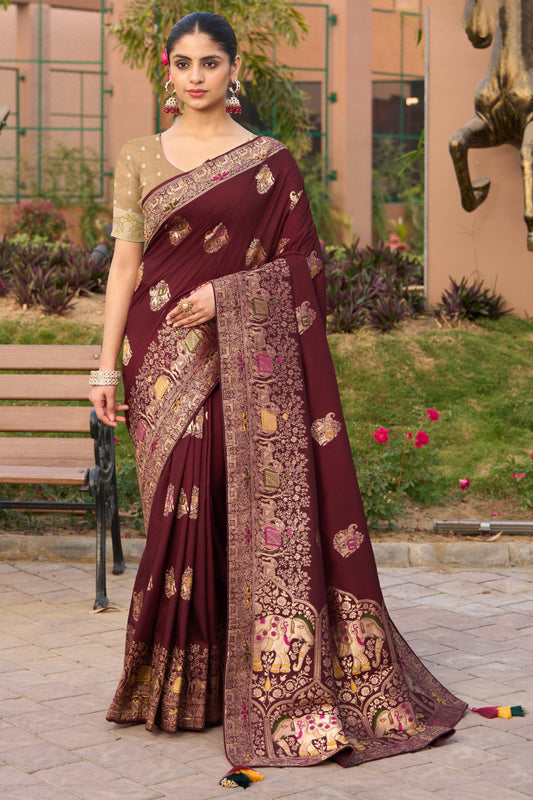 Wine Silk Saree with Meenakari Weave-ZB134483_1_SareeButa.com
