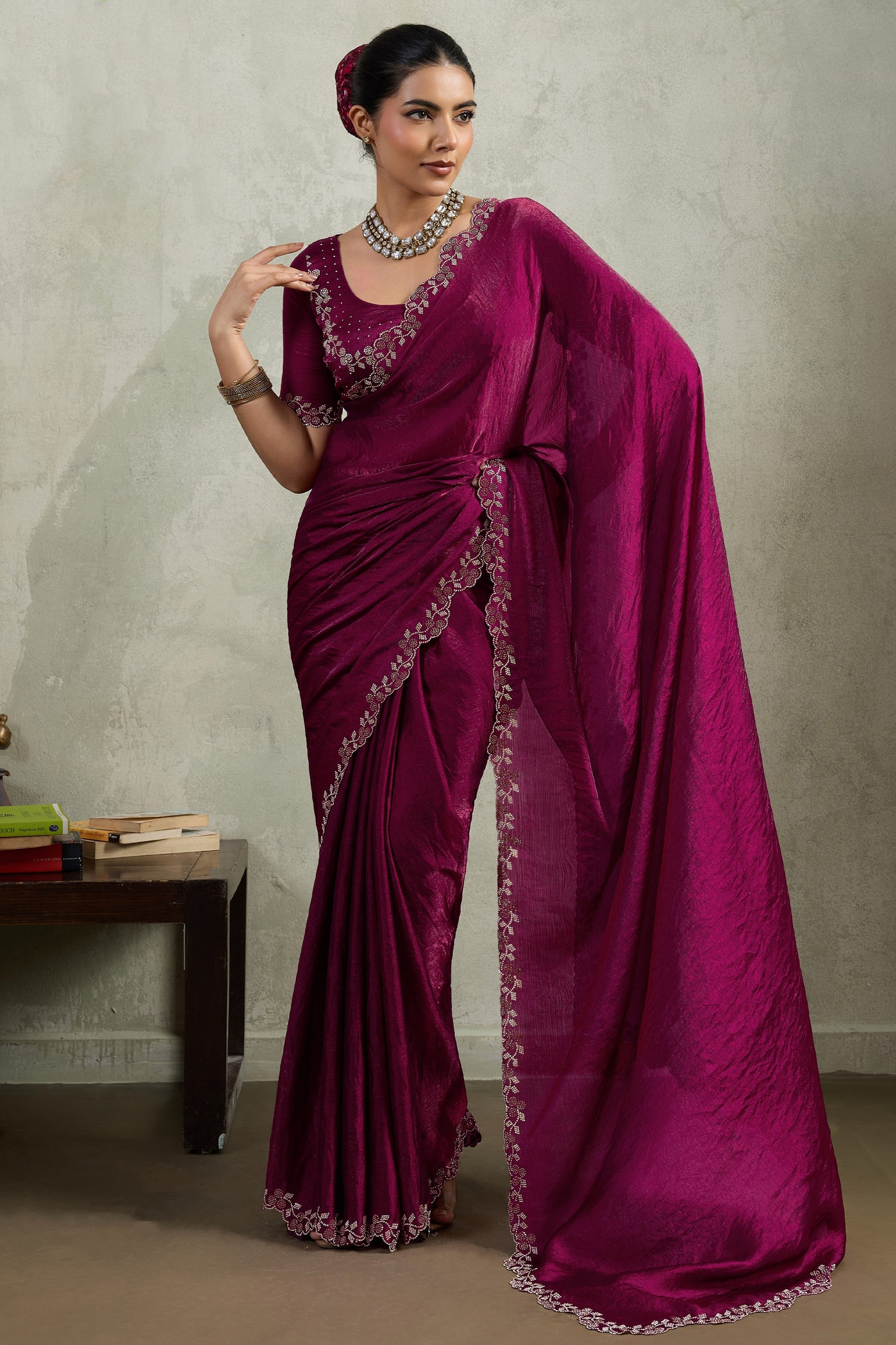 Wine Stone Work Chiffon Saree-SAR10419_1_SareeButa.com