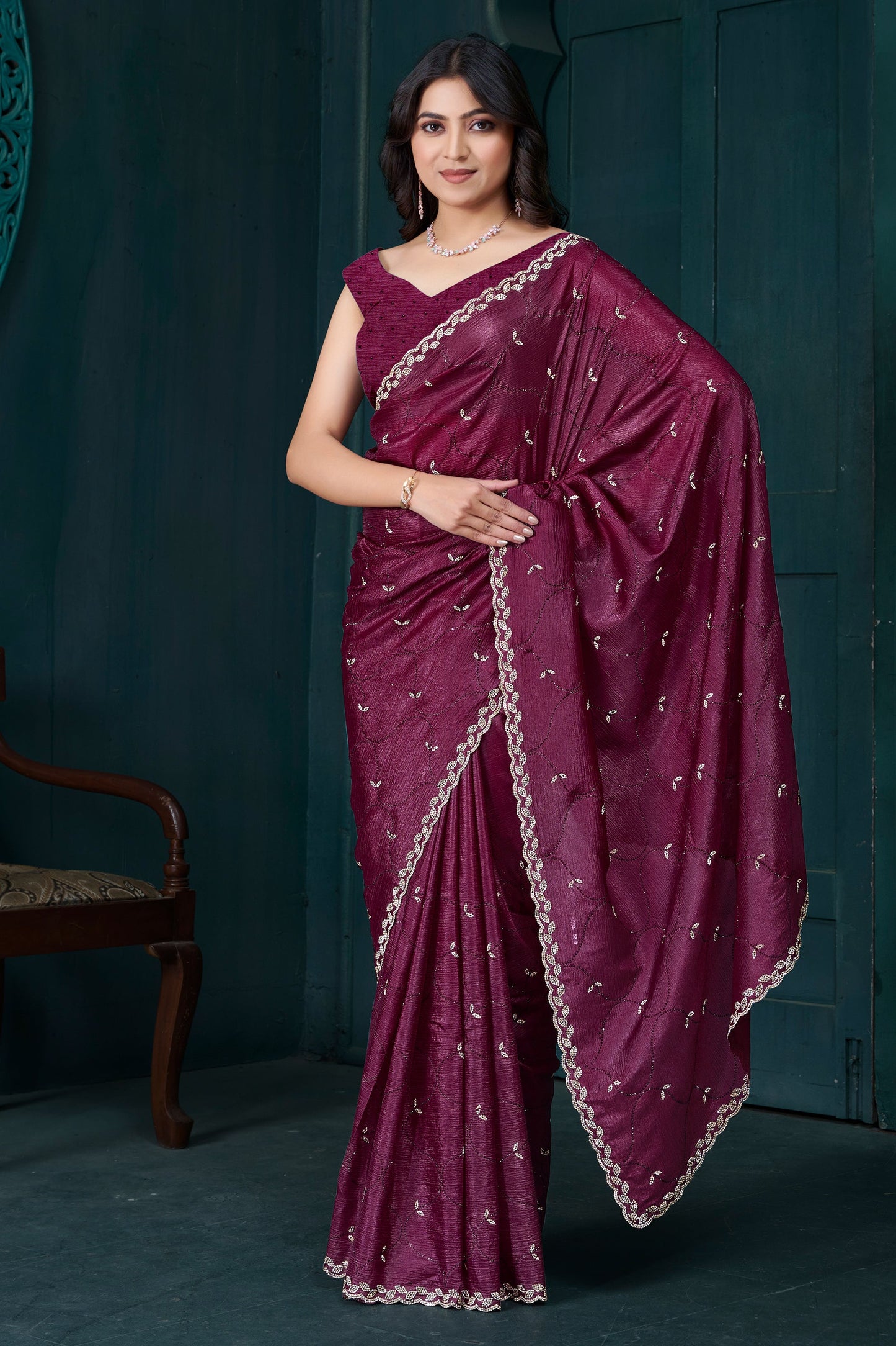 Wine Stone Work Crepe Saree-SAR10748_1_SareeButa.com