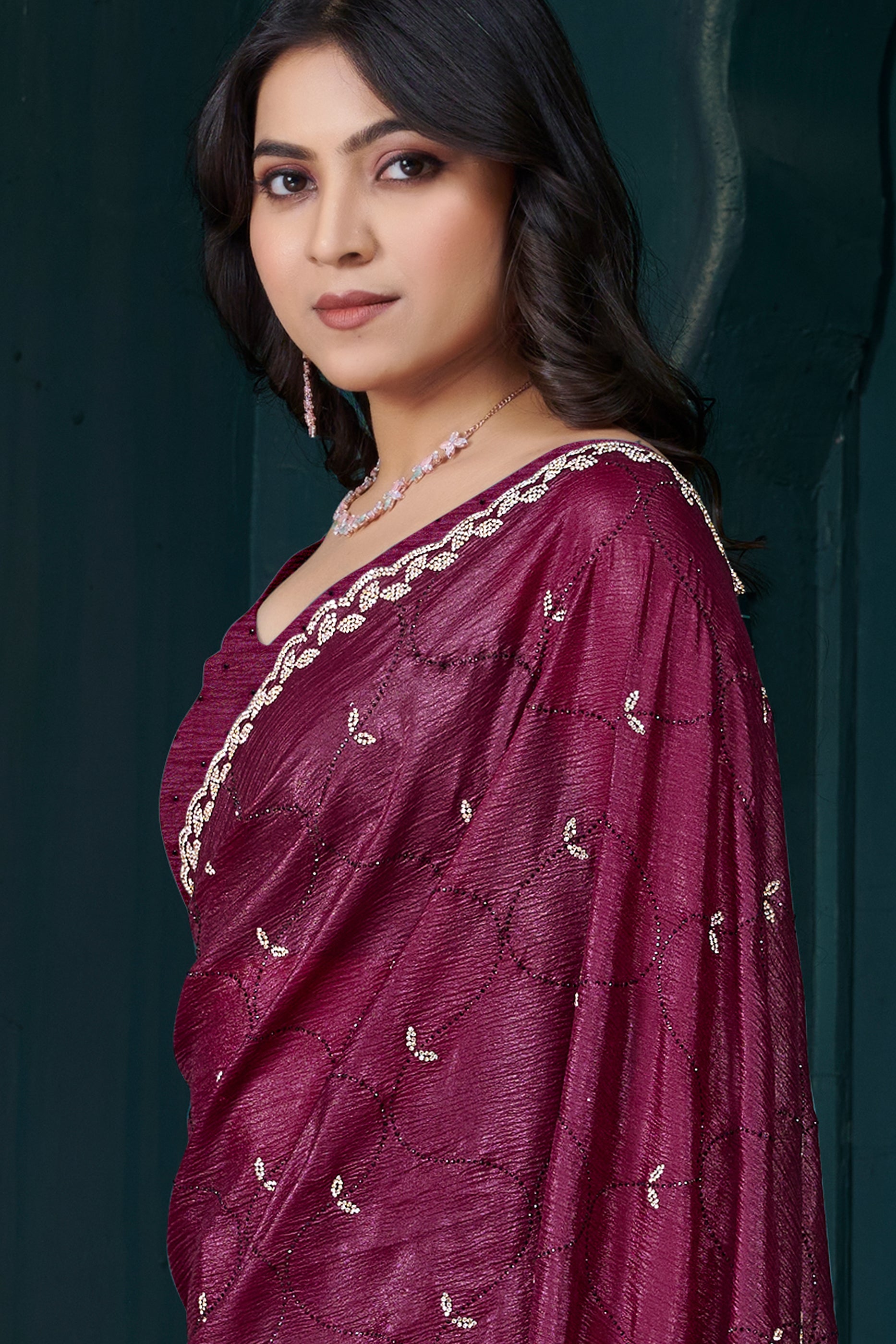 Wine Stone Work Crepe Saree-SAR10748_2_SareeButa.com