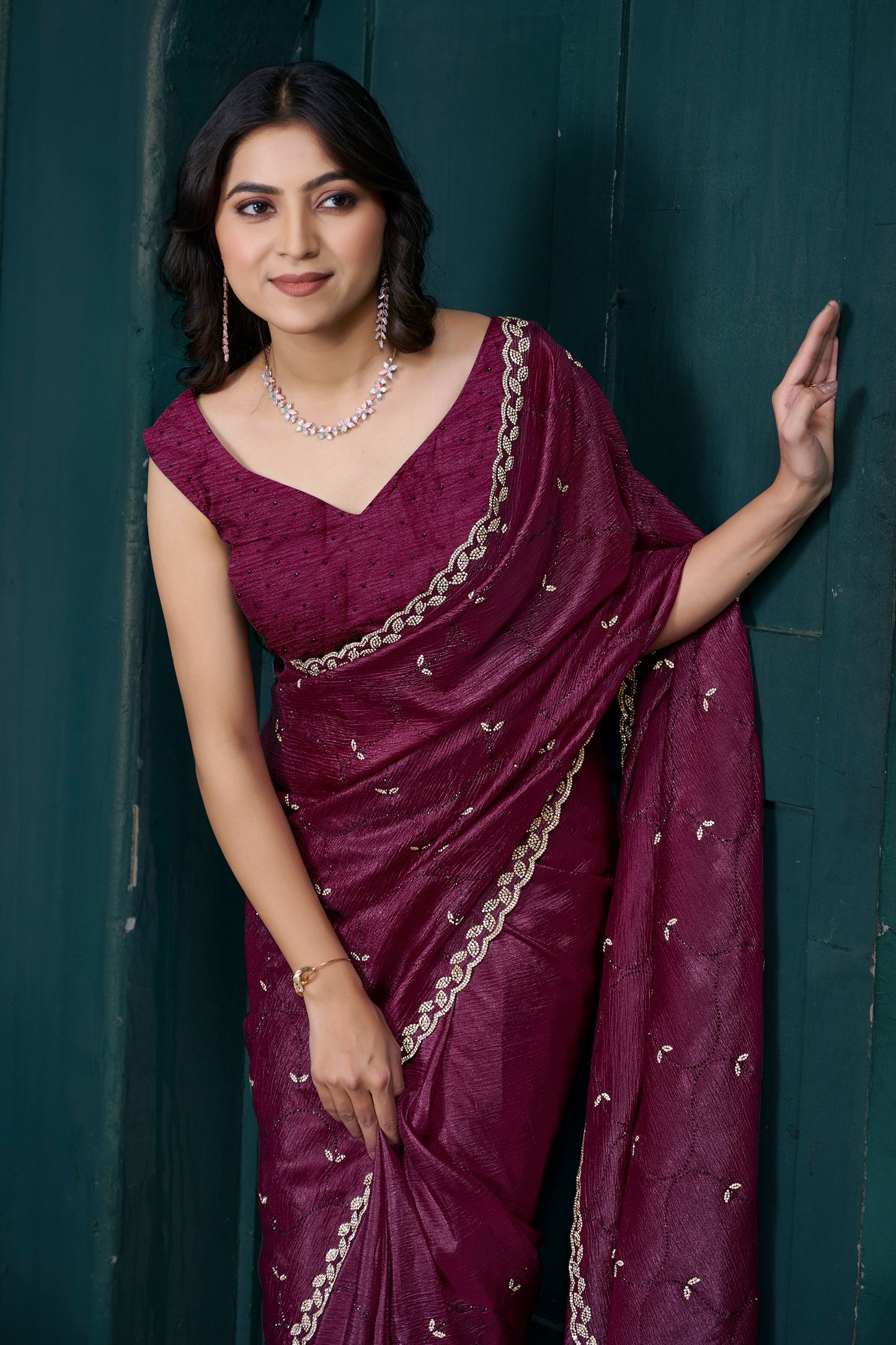 Wine Stone Work Crepe Saree-SAR10748_3_SareeButa.com