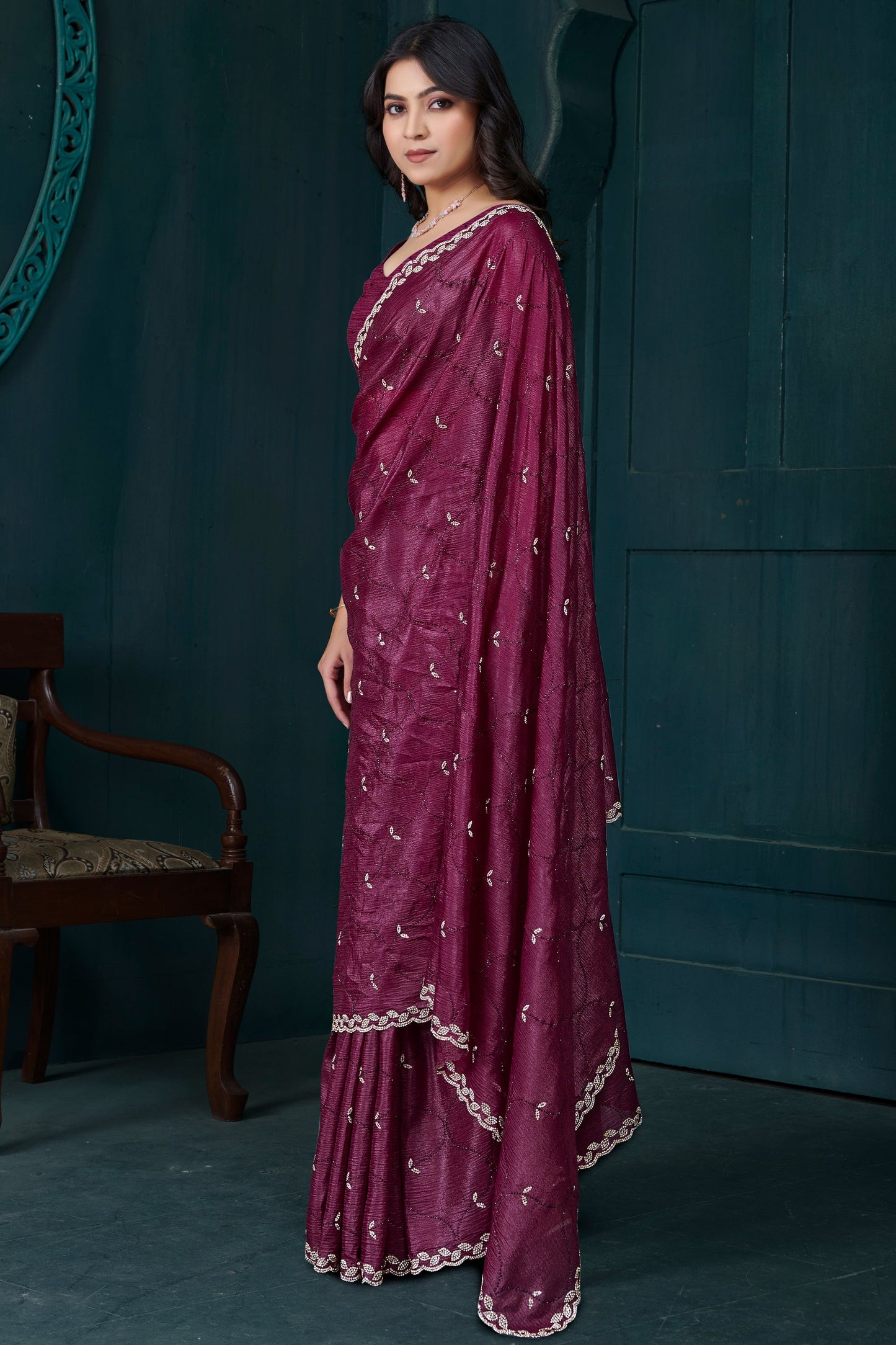 Wine Stone Work Crepe Saree-SAR10748_4_SareeButa.com