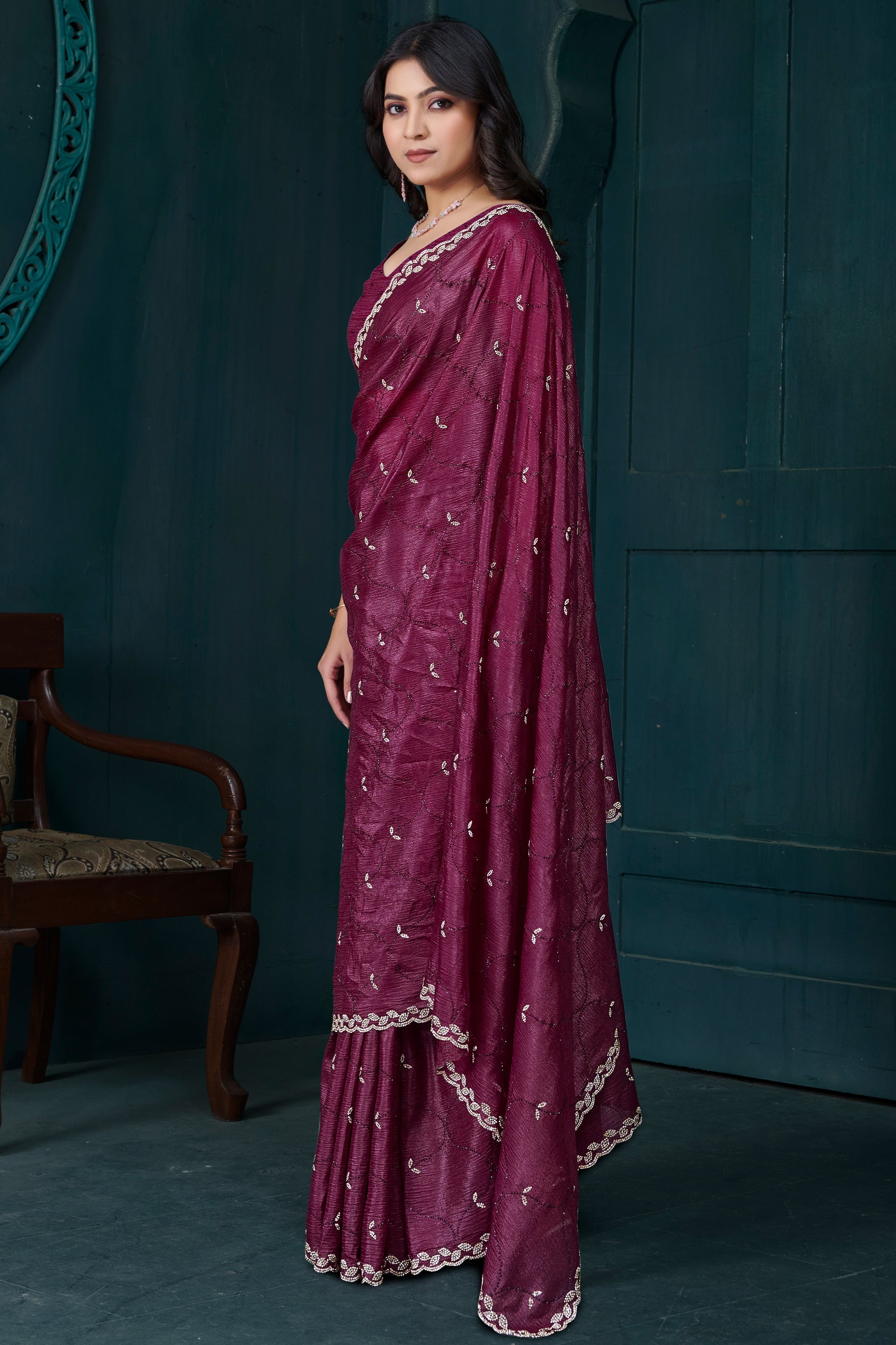 Wine Stone Work Crepe Saree-SAR10748_4_SareeButa.com