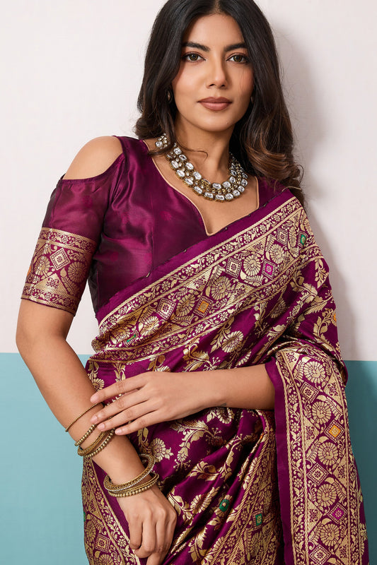 Wine Woven Banarasi Silk Saree-SAR12564_2_SareeButa.com