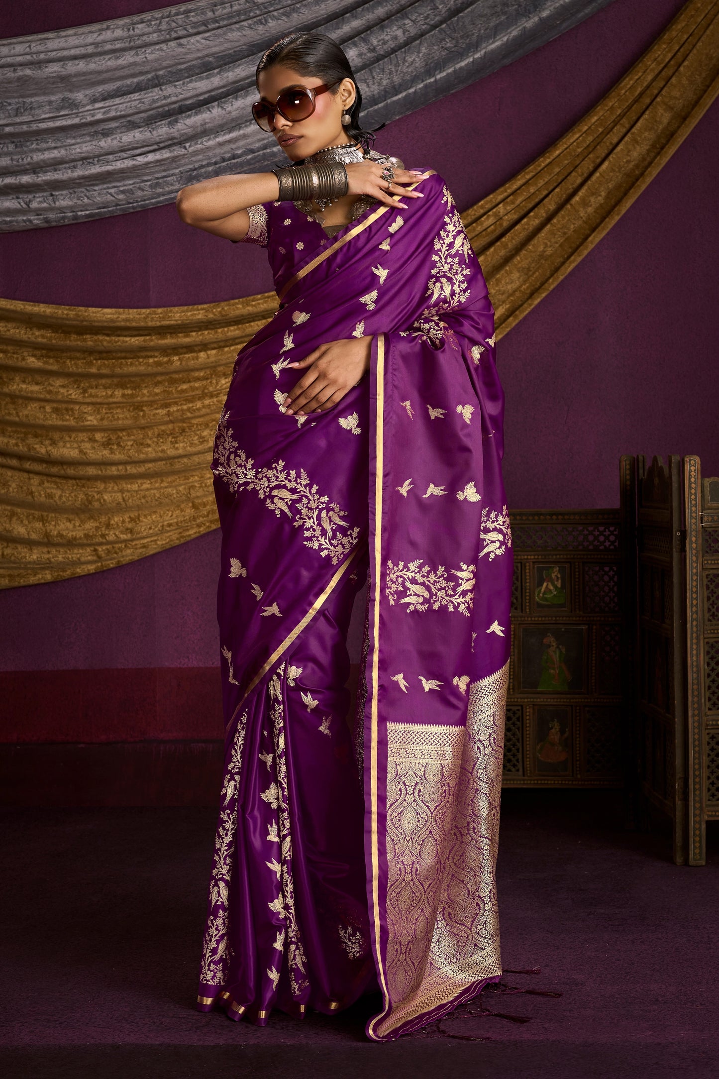 Wine Woven Satin Silk Saree-SAR12332_1_SareeButa.com