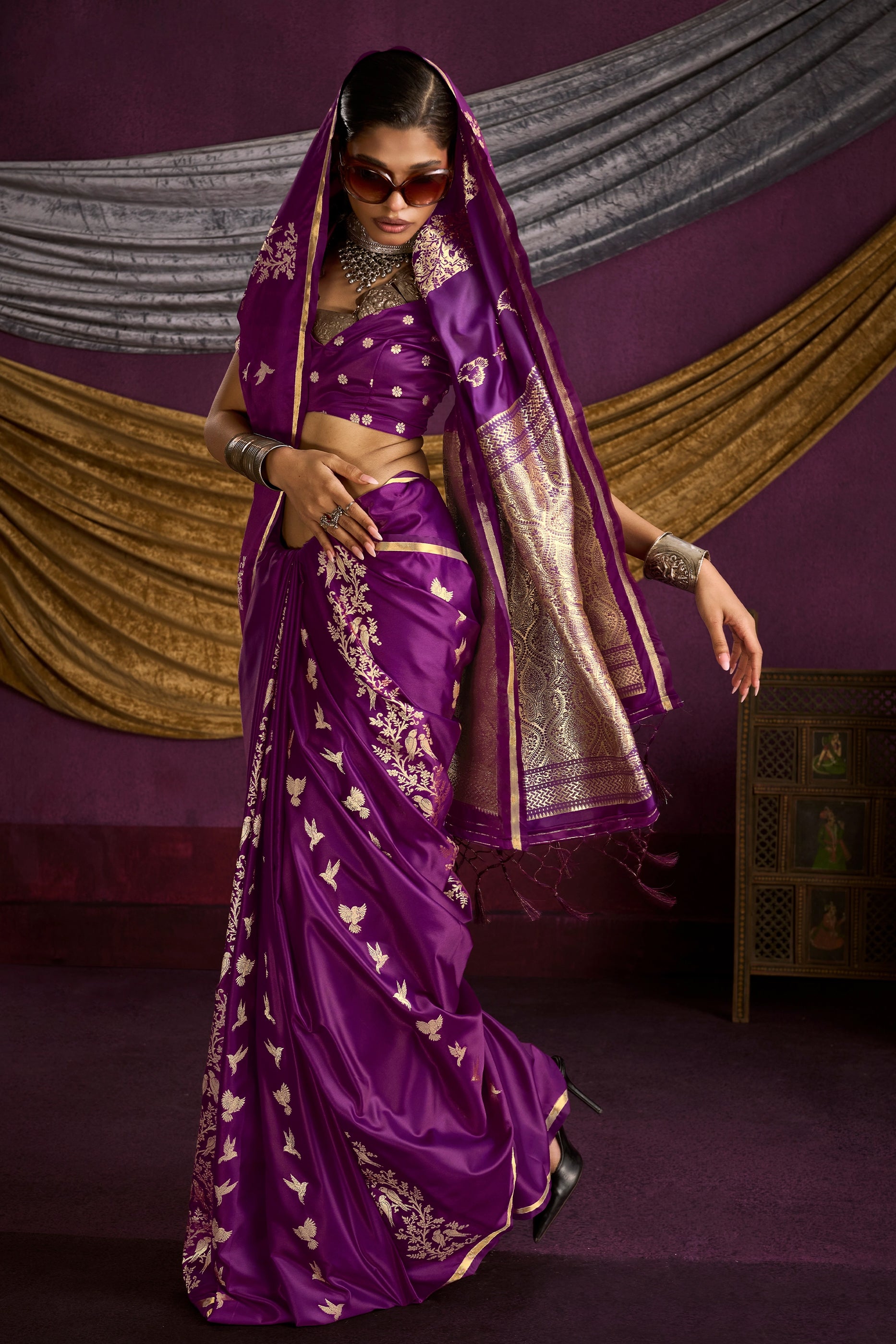 Wine Woven Satin Silk Saree-SAR12332_2_SareeButa.com