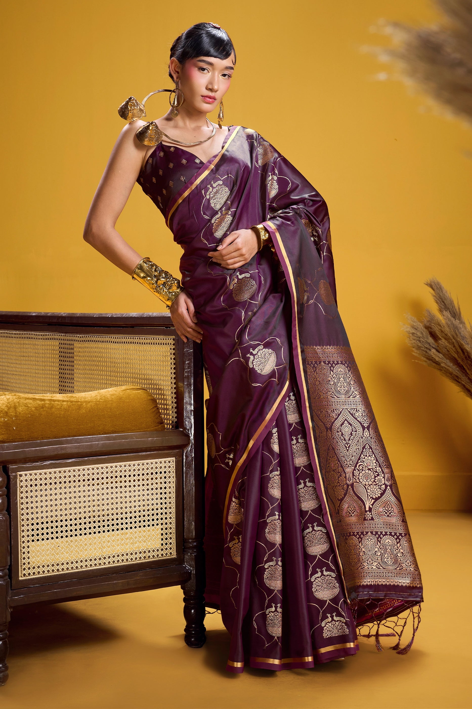 Wine Woven Satin Silk Saree-SAR12372_1_SareeButa.com