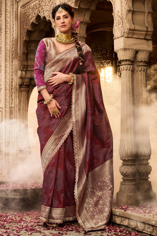 Wine Woven Silk Saree With Lace Border-ZB134624_1_SareeButa.com