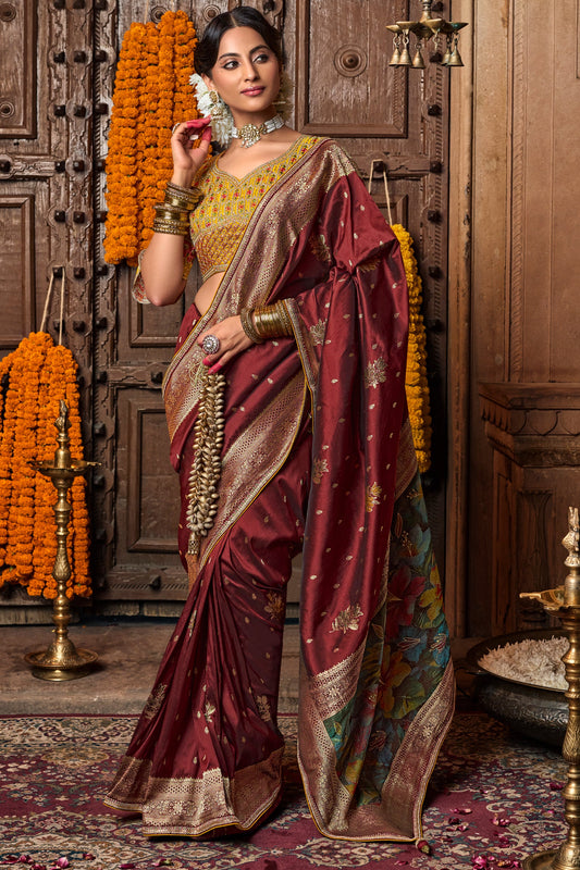 Wine Woven Silk Saree With Lace Border-ZB134633_1_SareeButa.com