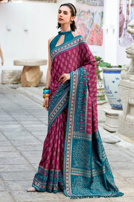 Wine Woven Soft Ikat Silk Saree-SAR10028_1_SareeButa.com