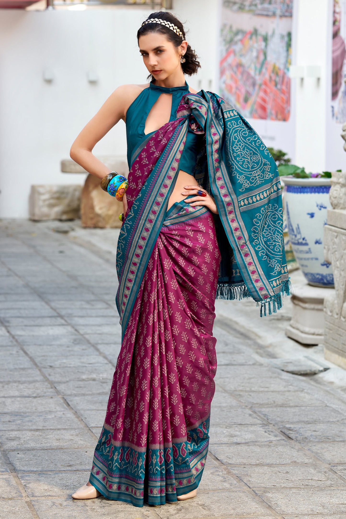 Wine Woven Soft Ikat Silk Saree-SAR10028_3_SareeButa.com