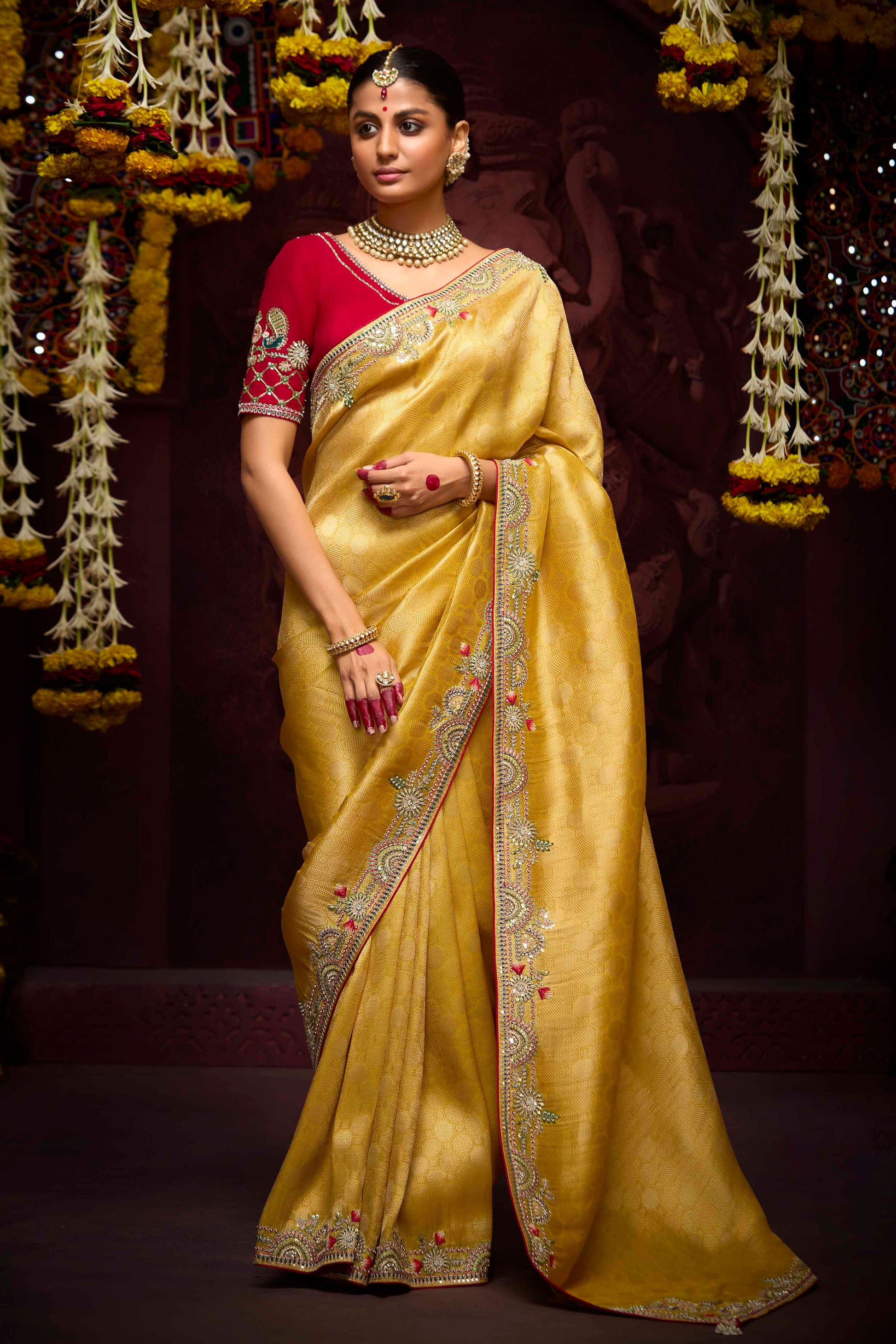 Yellow Embroidered Banarasi Silk Saree-ZB133283_1_SareeButa.Com