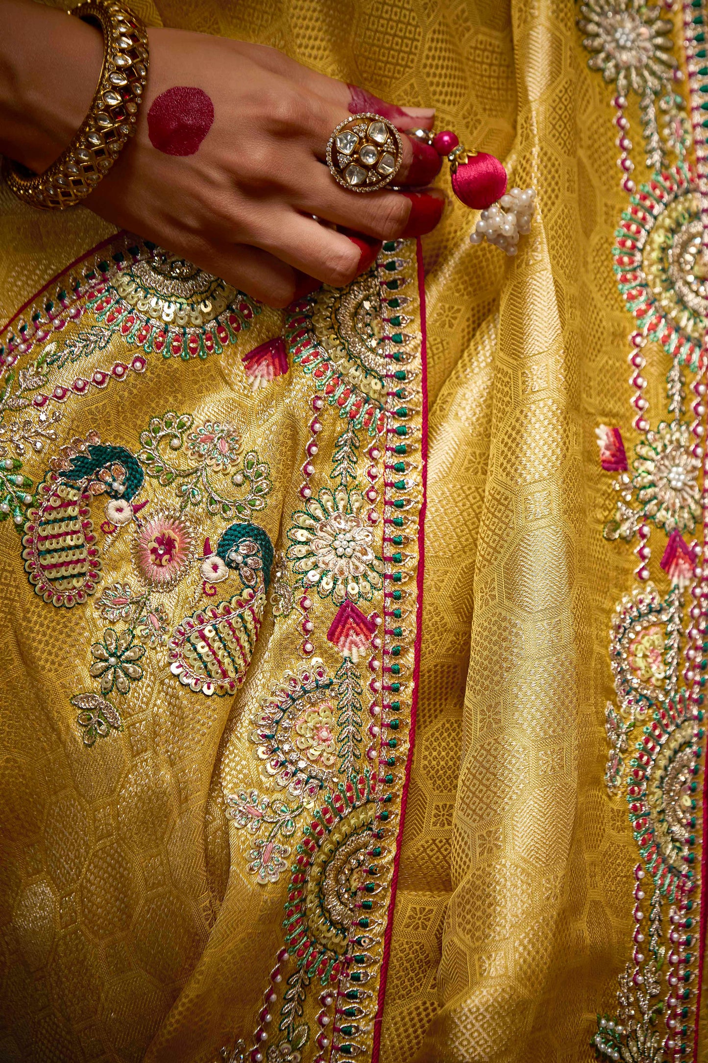 Yellow Embroidered Banarasi Silk Saree