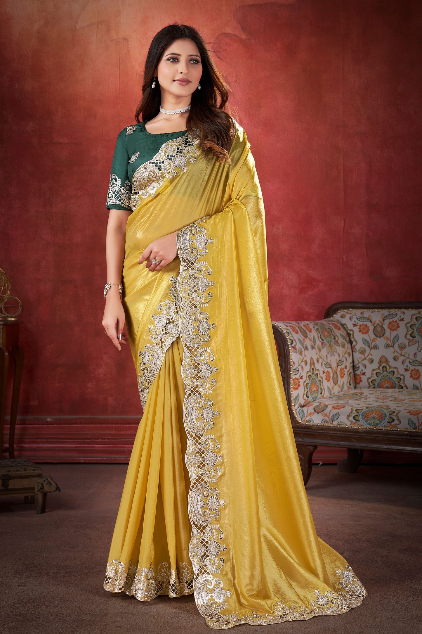 Yellow Embroidered Cut Work Silk Saree-ZB131233_1