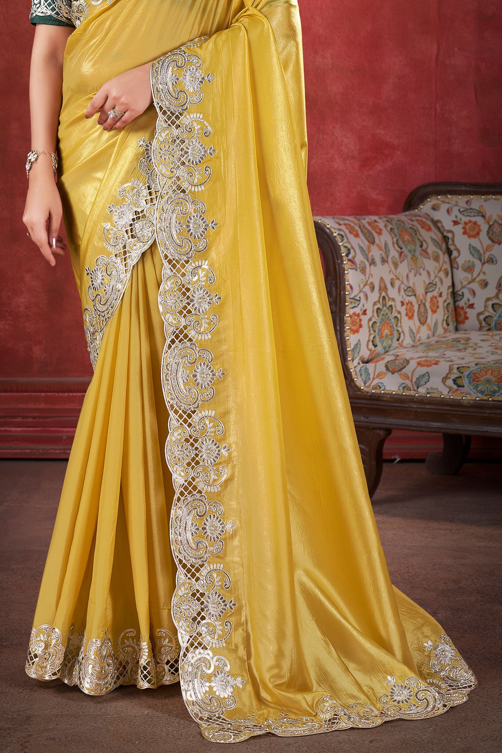 Yellow Embroidered Cut Work Silk Saree-ZB131233_3