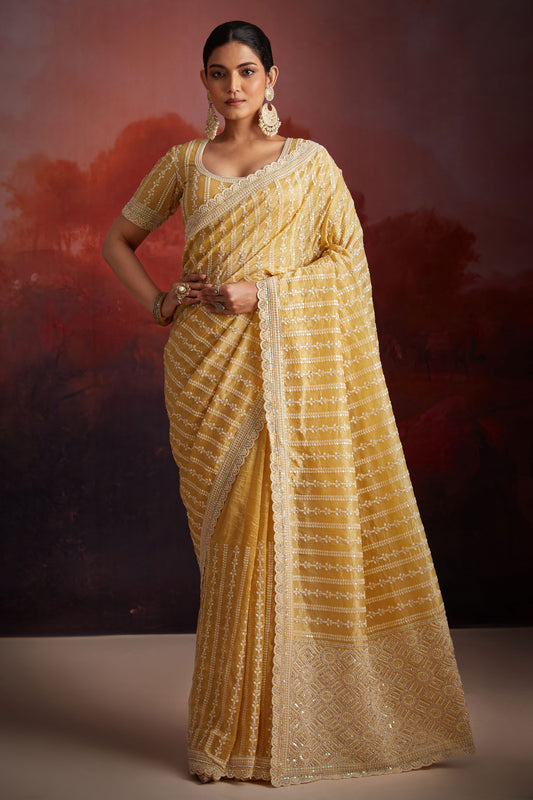 Yellow Embroidered Organza Saree