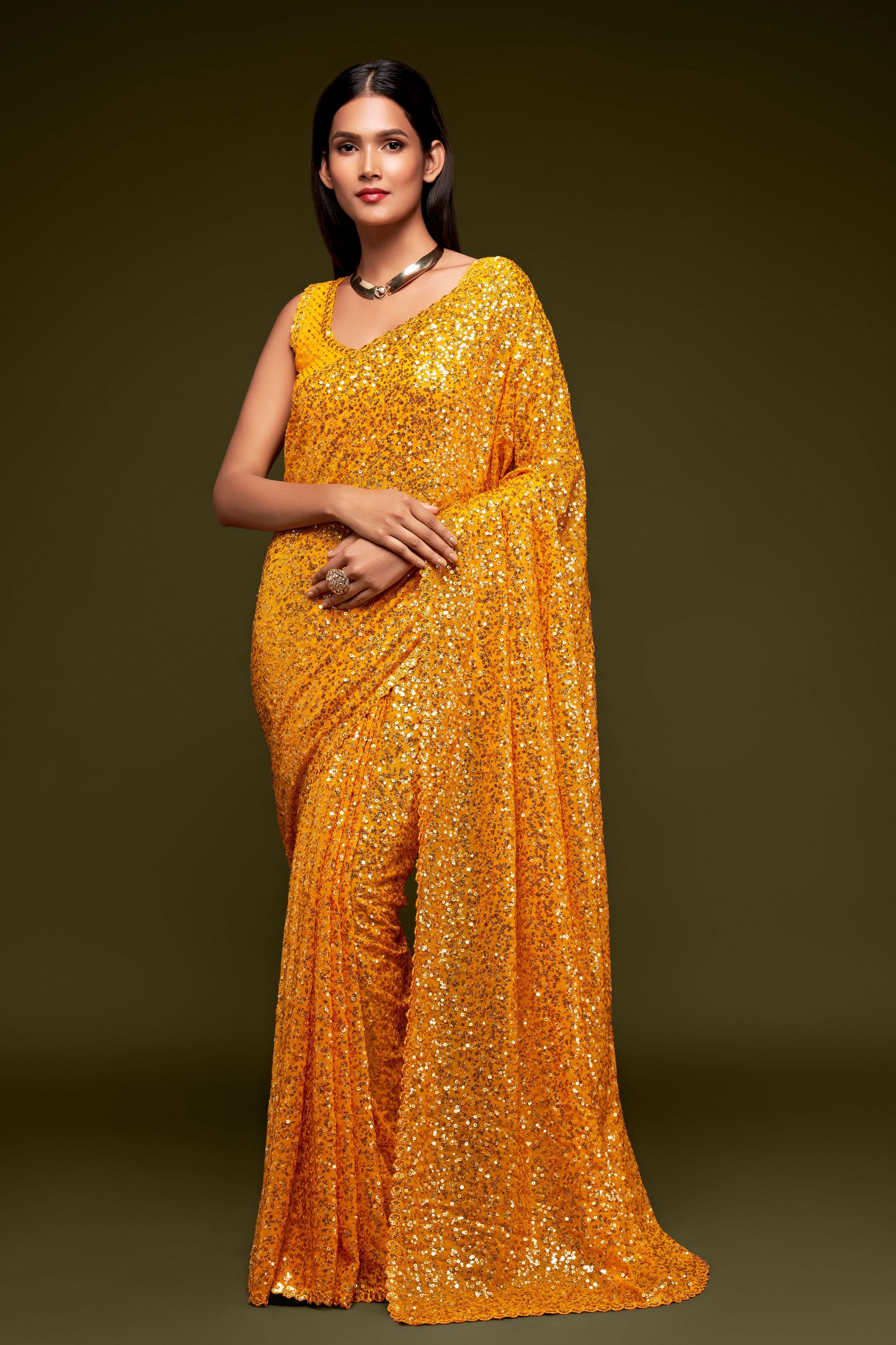 Yellow - hot Orange Sequins Buta Saree