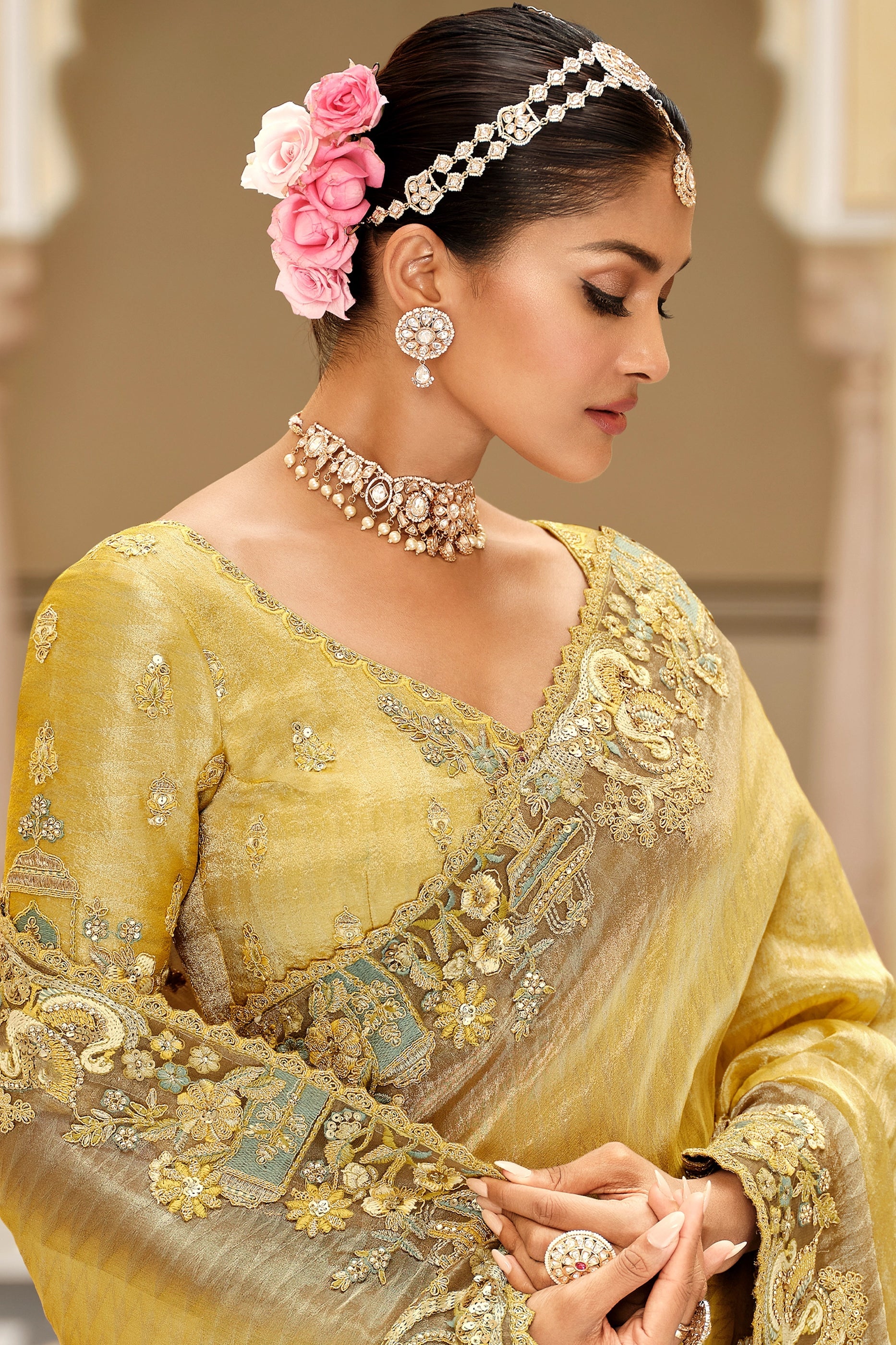 Yellow-Green Embroidered Jacquard Viscose Silk Saree-SAR10370_2_SareeButa.com