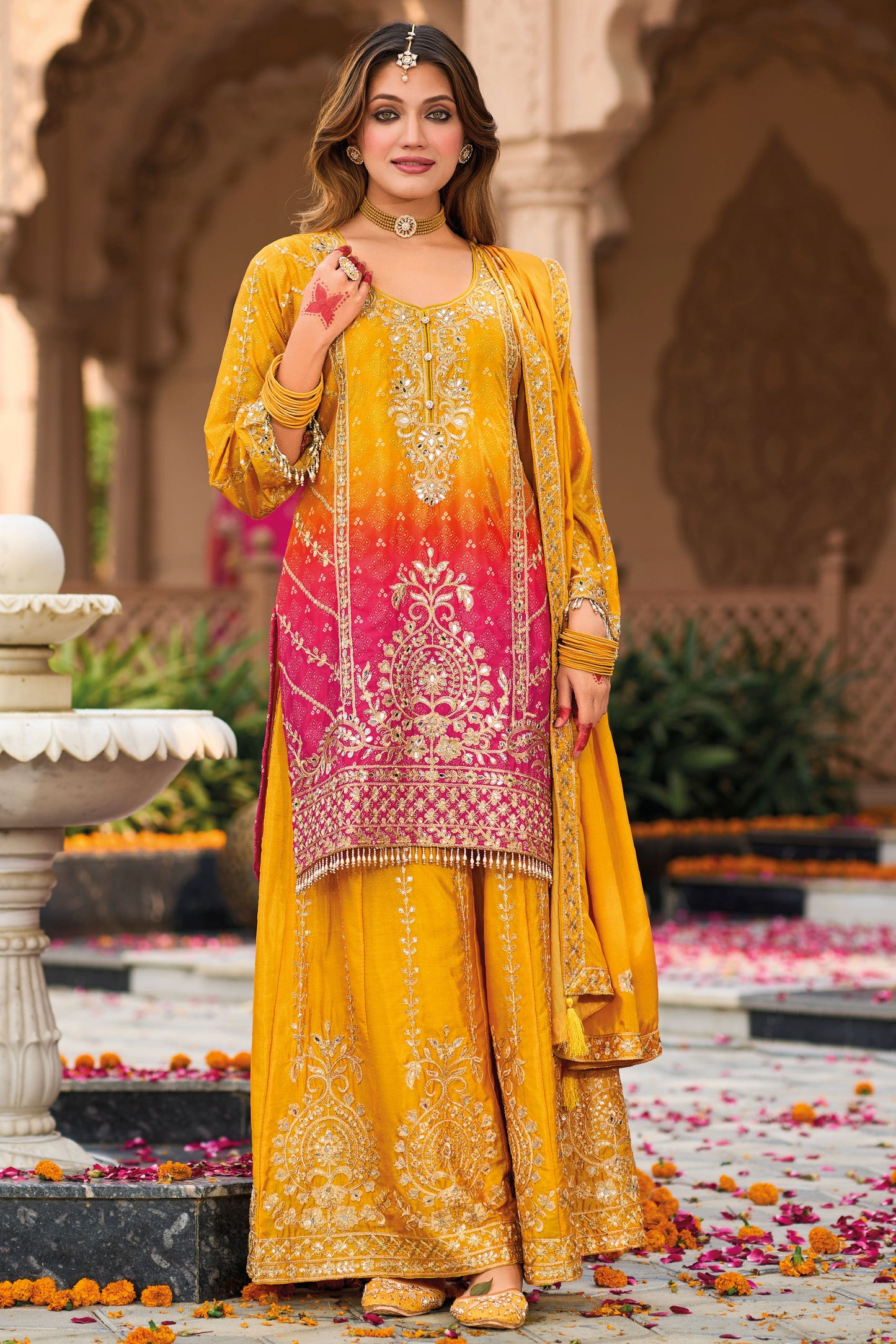 Yellow Heavy Work Chinon Readymade Suit-SS144_1_SareeButa.com