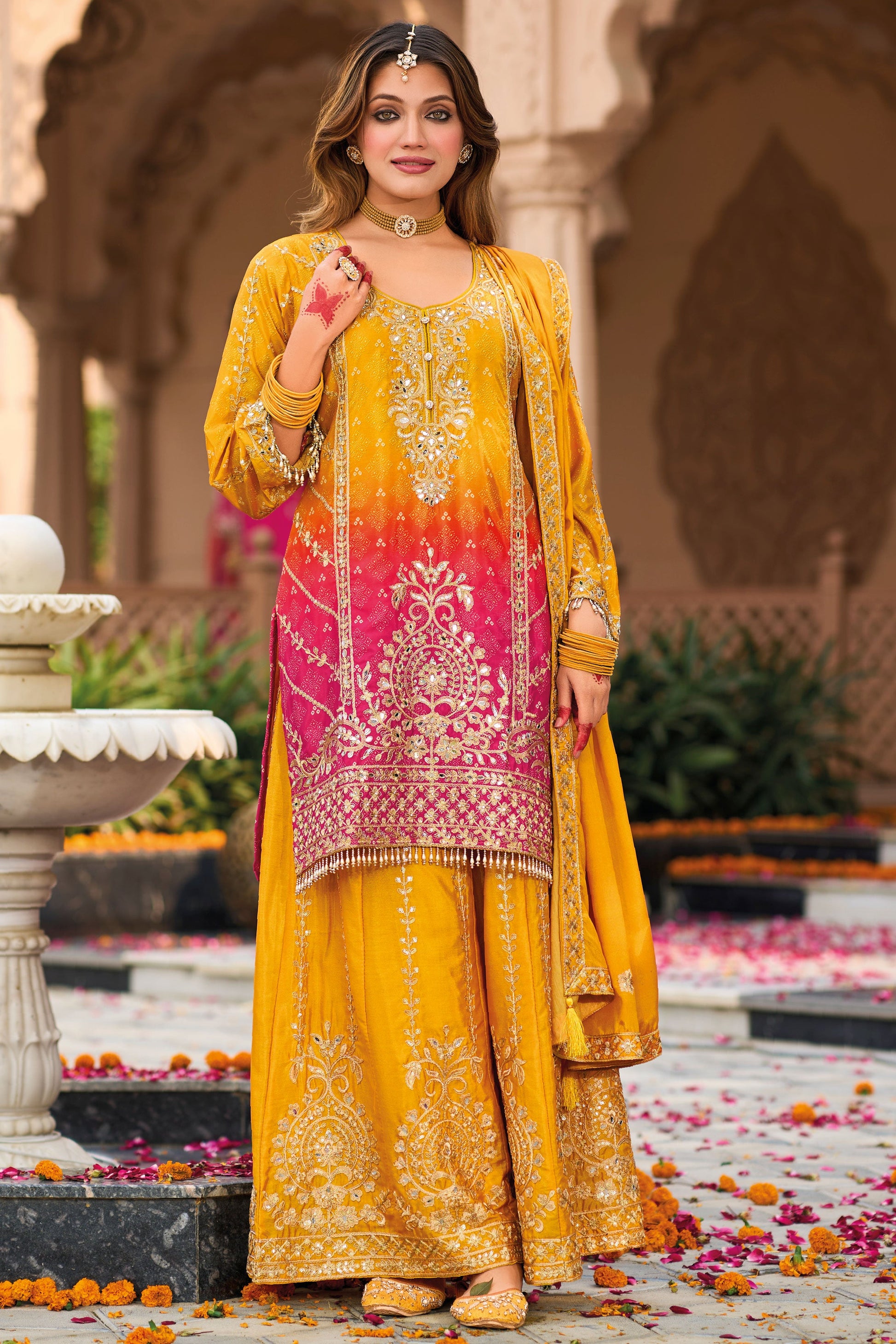 Yellow Heavy Work Chinon Readymade Suit-SS144_1_SareeButa.com