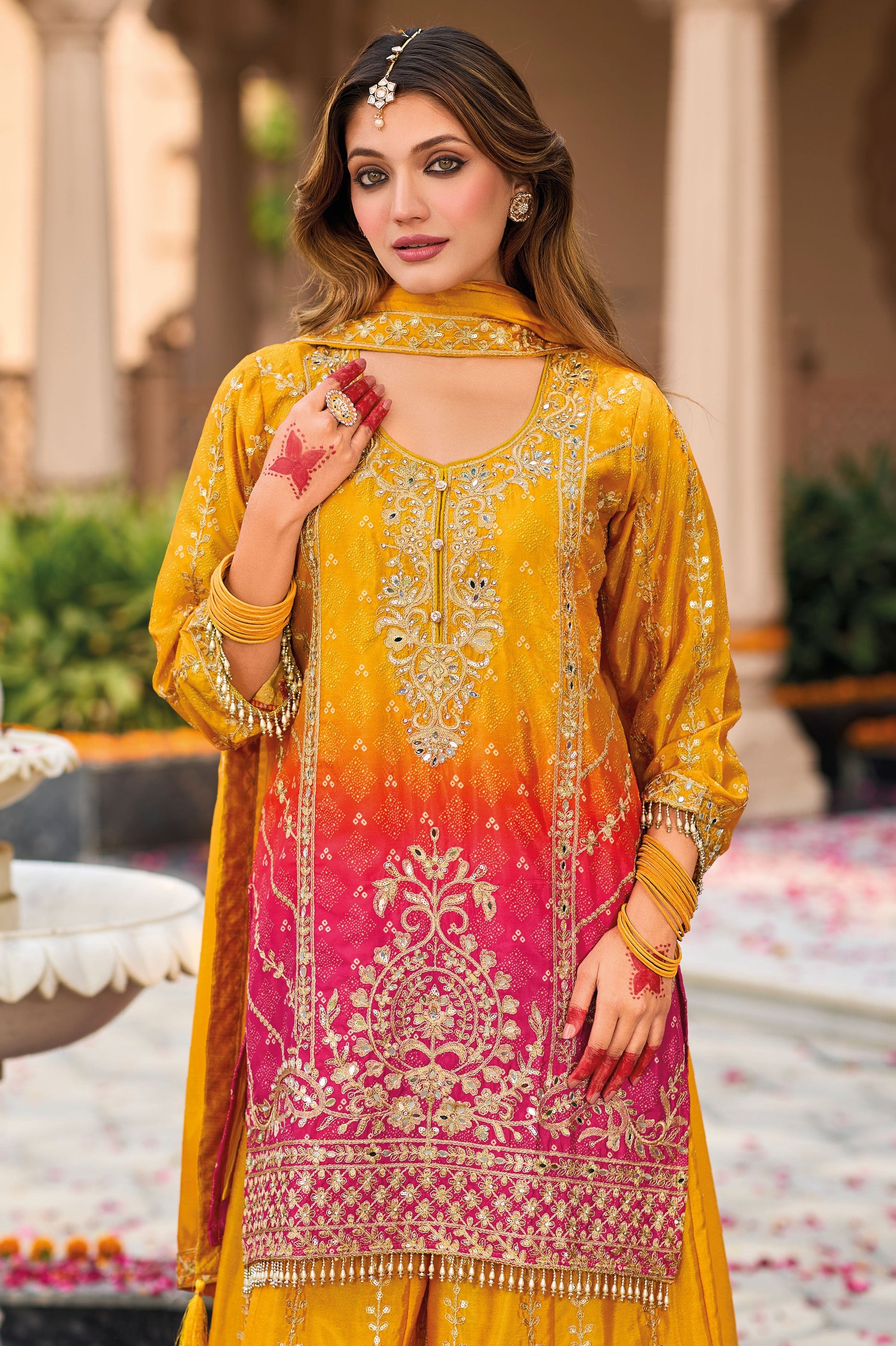 Yellow Heavy Work Chinon Readymade Suit-SS144_2_SareeButa.com