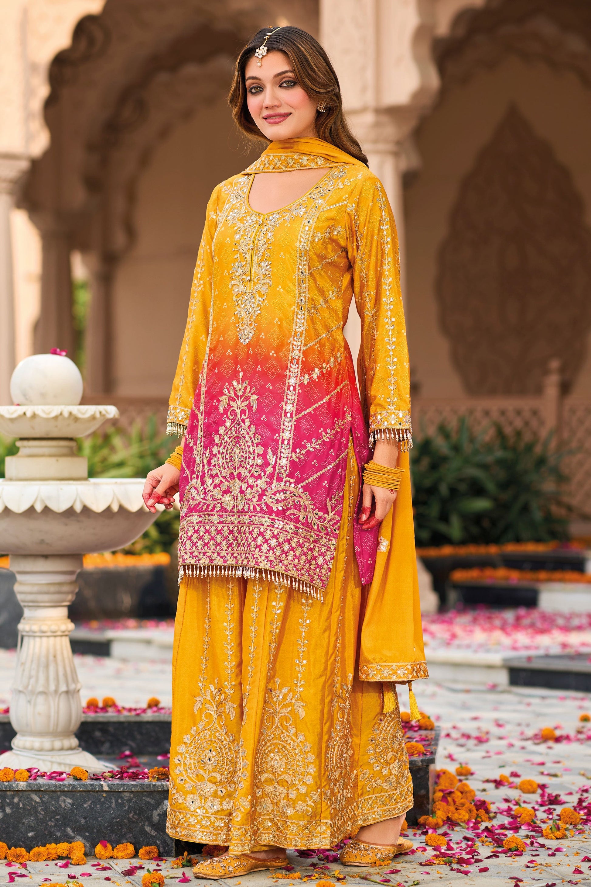 Yellow Heavy Work Chinon Readymade Suit-SS144_3_SareeButa.com