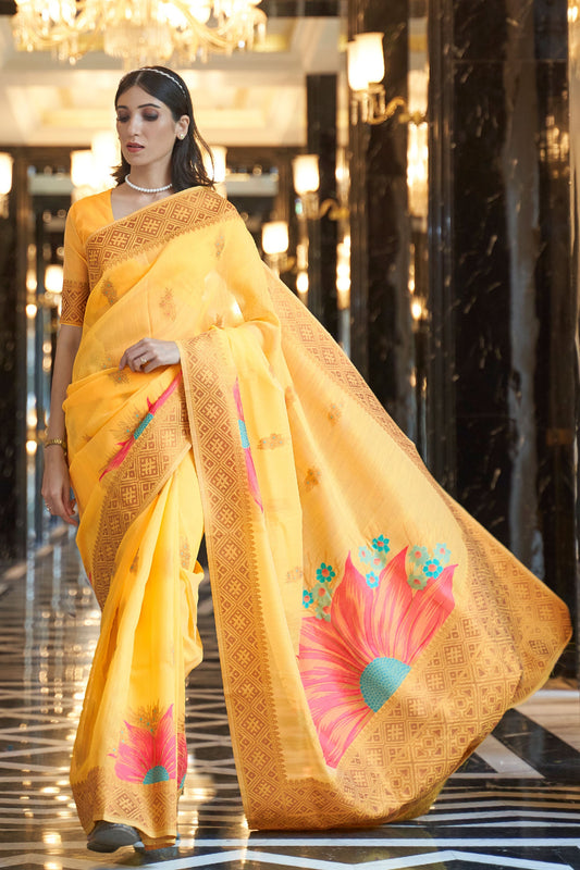 yellow-linen-saree-zb140095_1_SareeButa.com