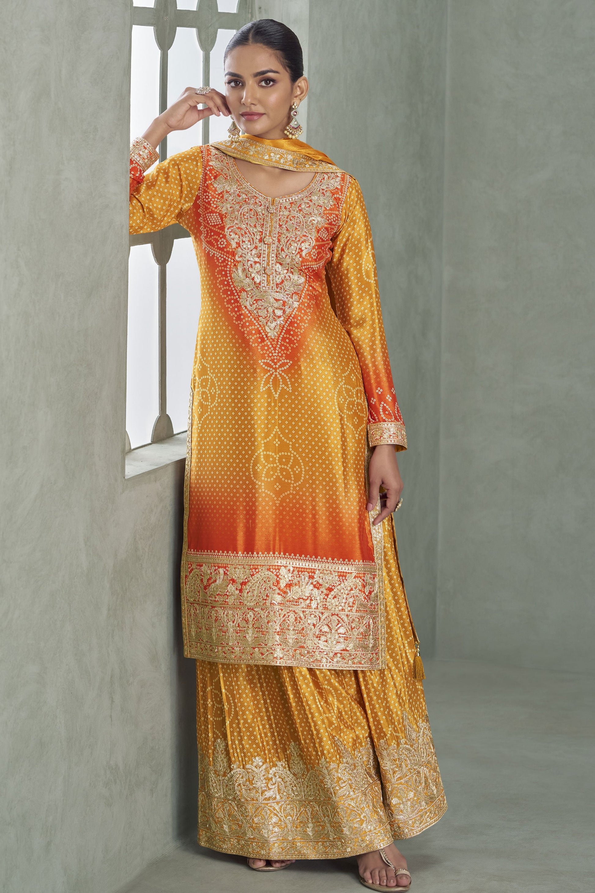 Yellow Orange Readymade Embroidered Chinon Silk Suit-SS925_3_SareeButa.com