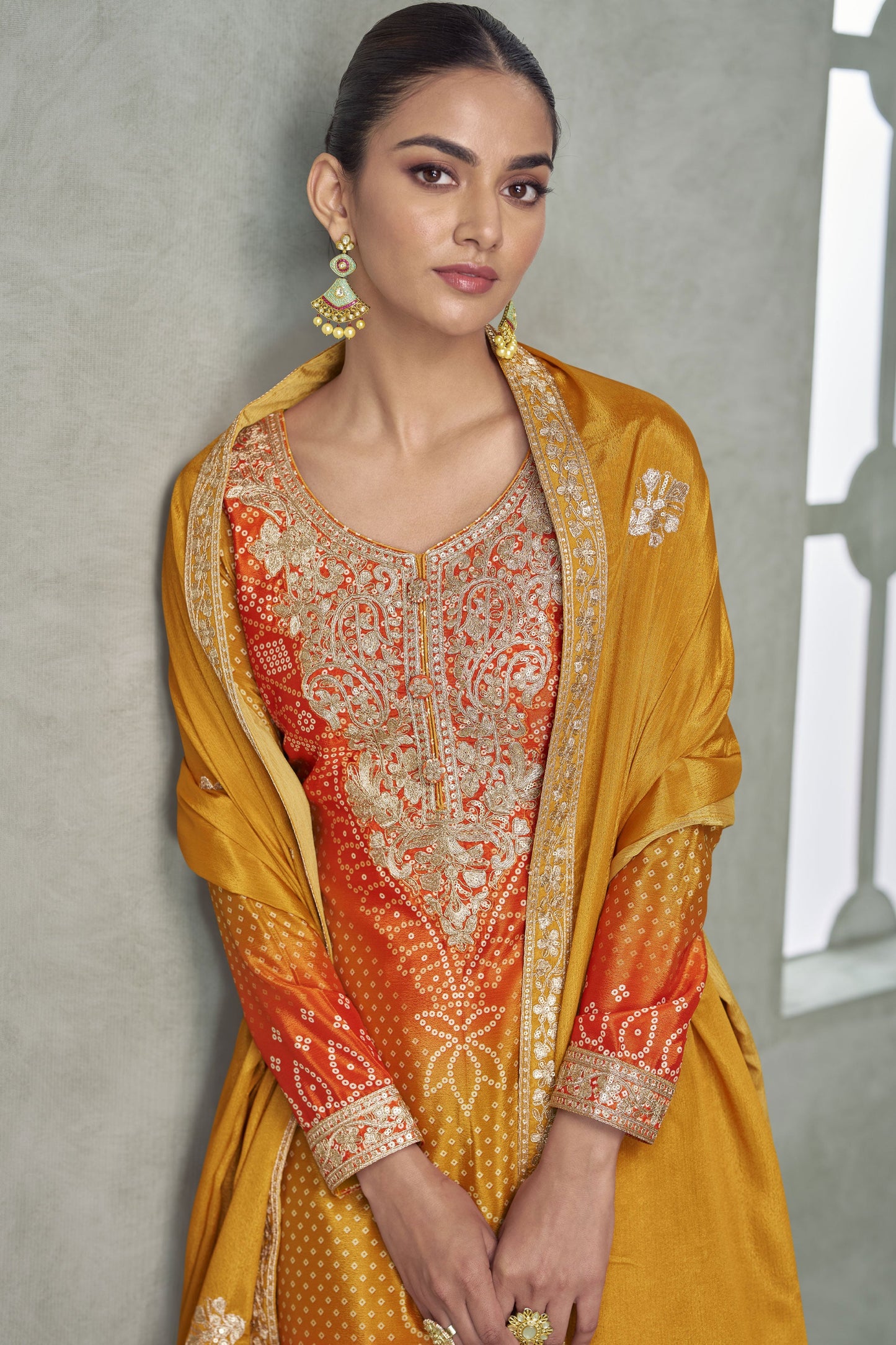Yellow Orange Readymade Embroidered Chinon Silk Suit-SS925_4_SareeButa.com