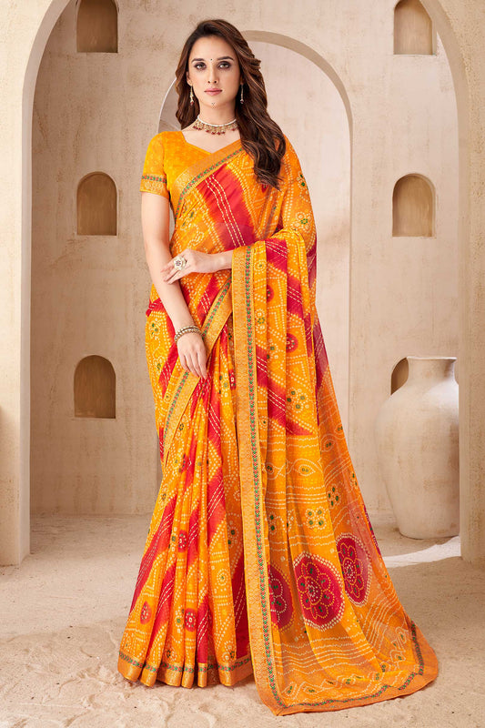 Yellow Printed Chiffon Bandhani Saree-ZB134676_1_SareeButa.com