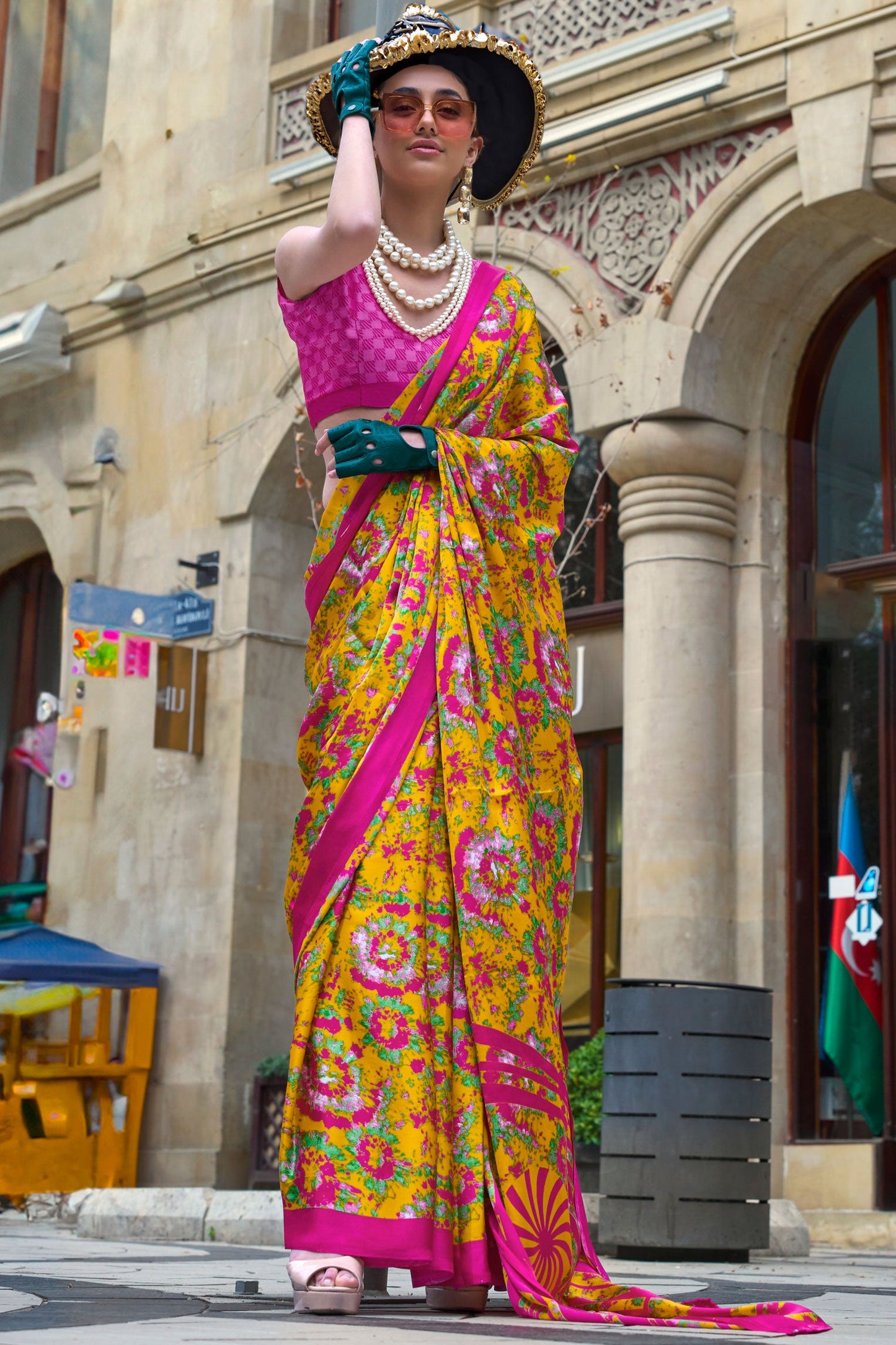 Yellow Printed Crepe Saree-ZB132993_1