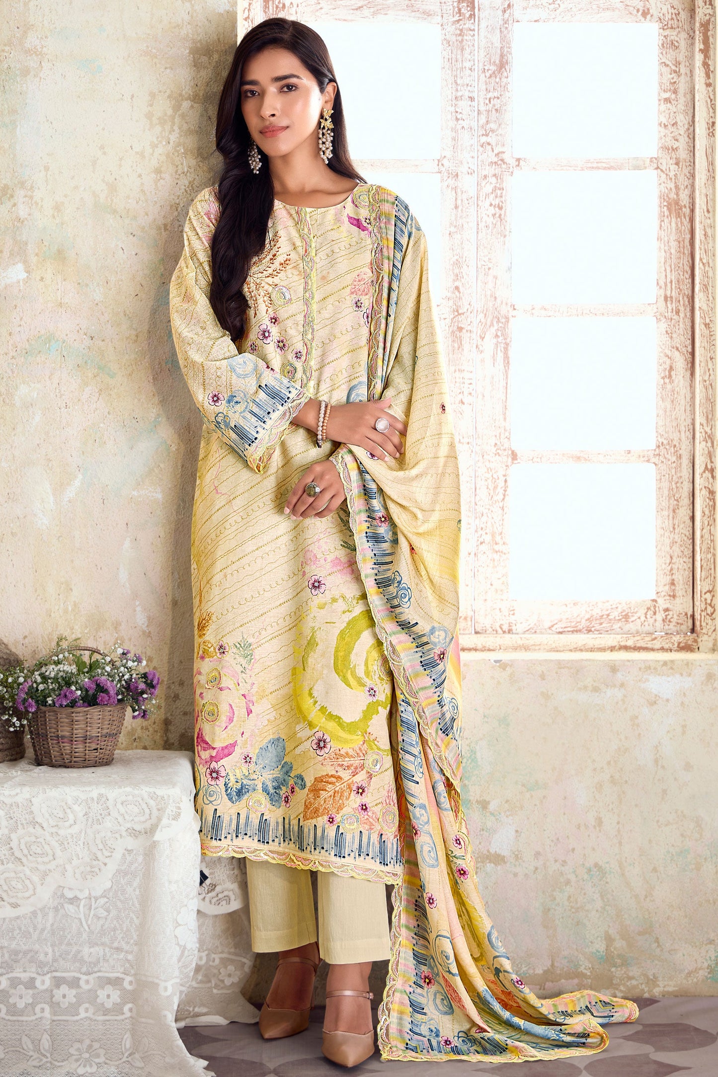 Yellow Printed Linen Suit-SS273_1_SareeButa.com