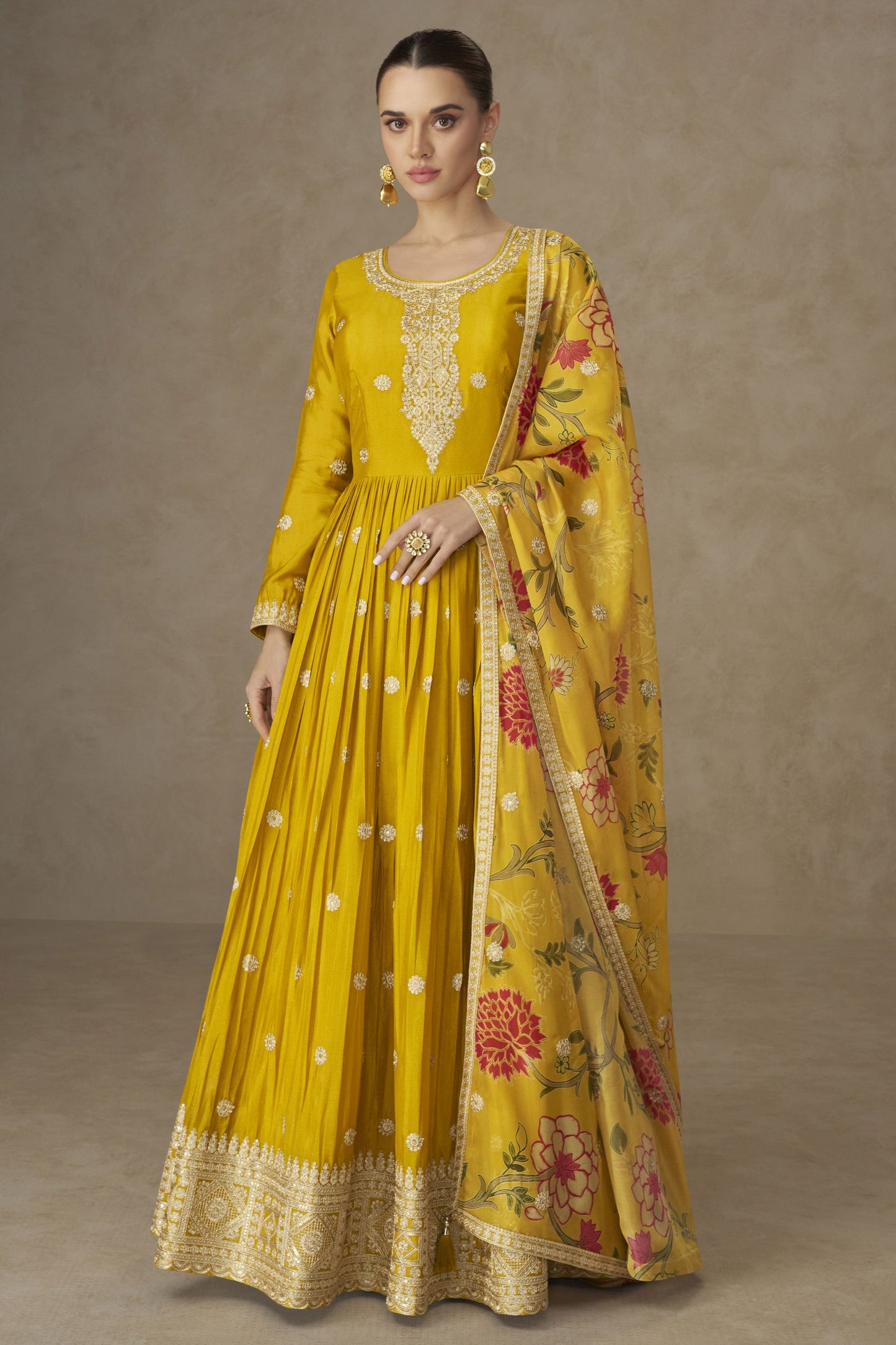 Yellow Readymade Embroidered Chinon Gown With Dupatta-SS834_1_SareeButa.com
