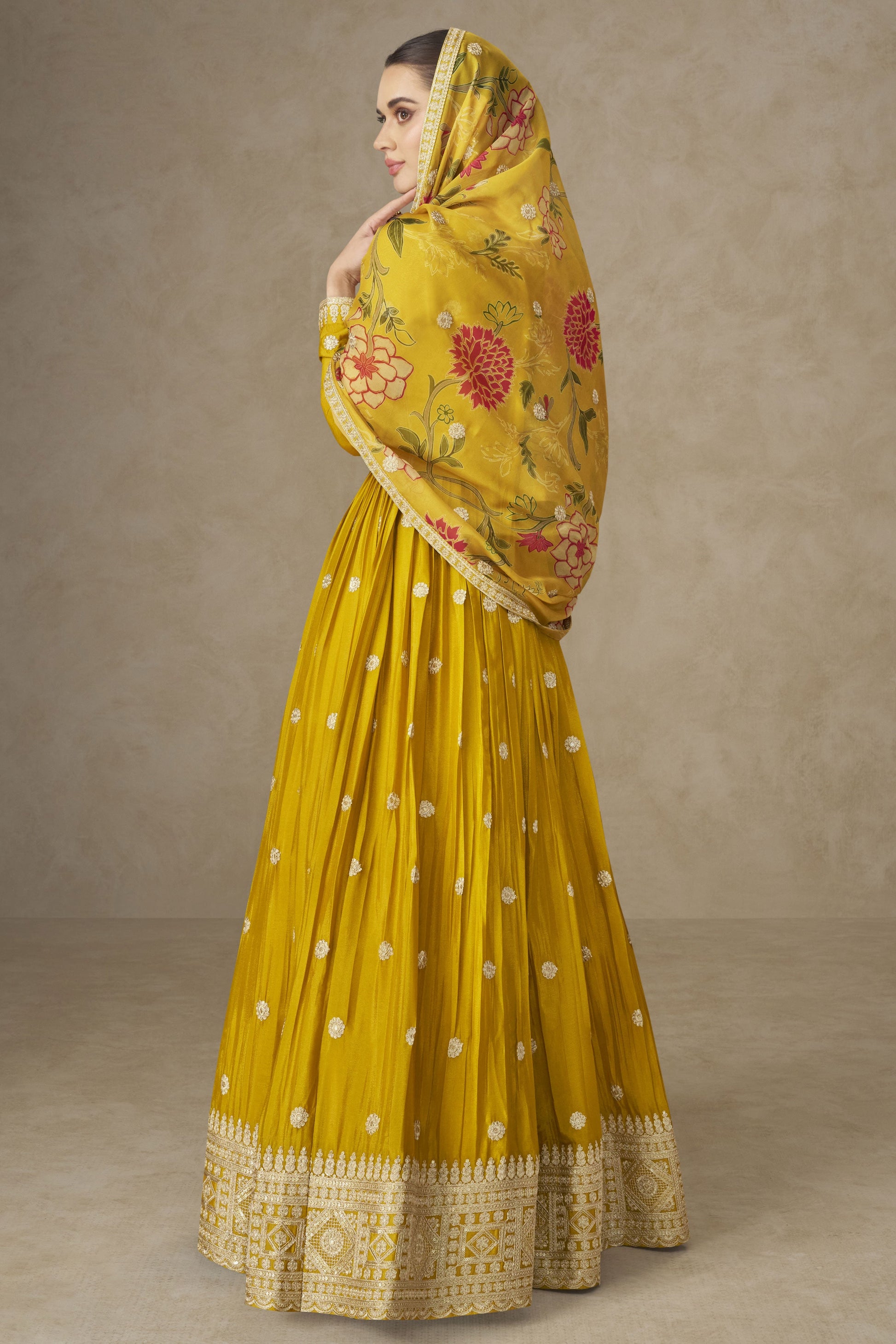 Yellow Readymade Embroidered Chinon Gown With Dupatta-SS834_3_SareeButa.com
