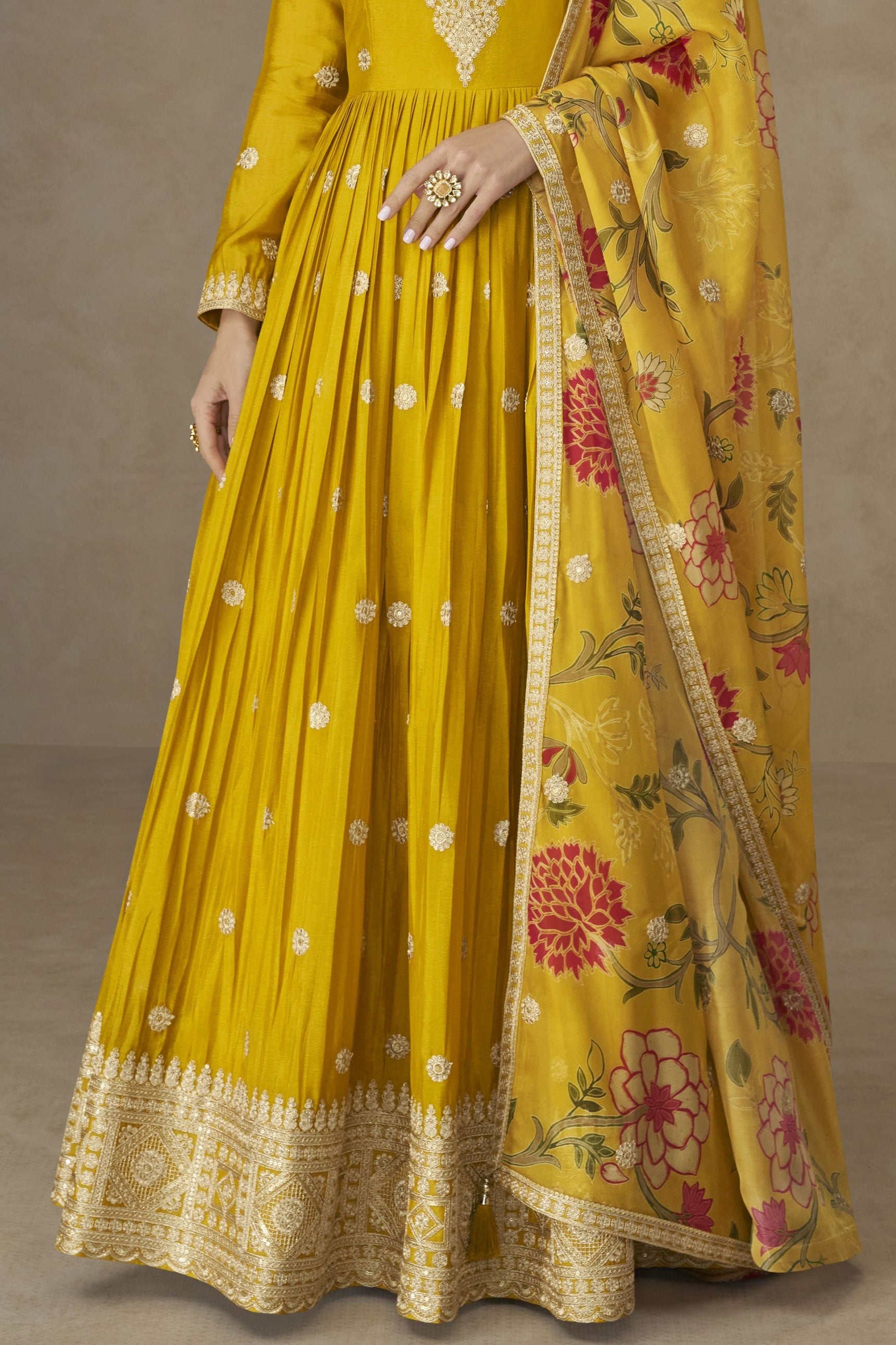 Yellow Readymade Embroidered Chinon Gown With Dupatta-SS834_5_SareeButa.com