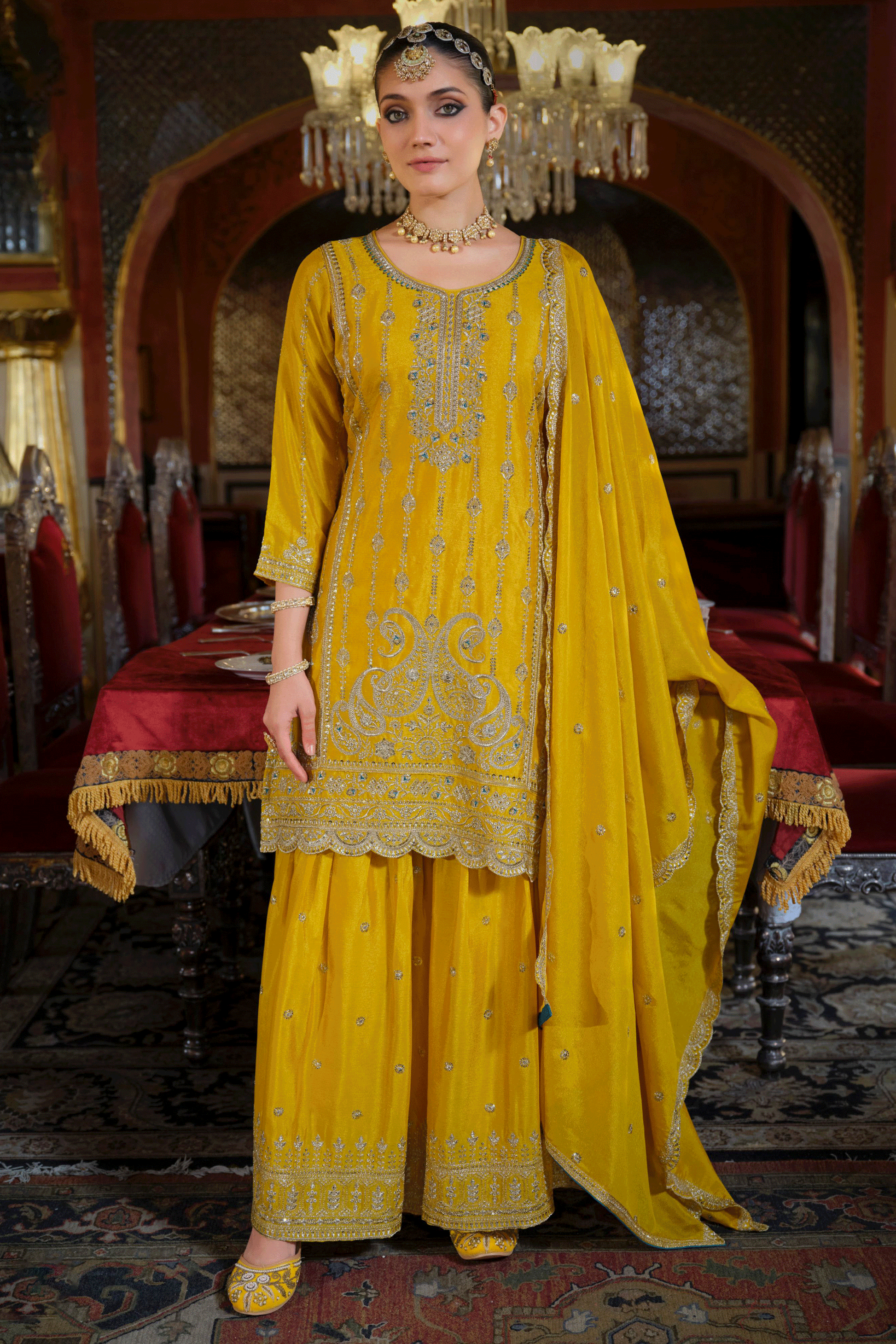 Yellow Readymade Embroidered Chinon Palazzo Suit-SS822_1_SareeButa.com