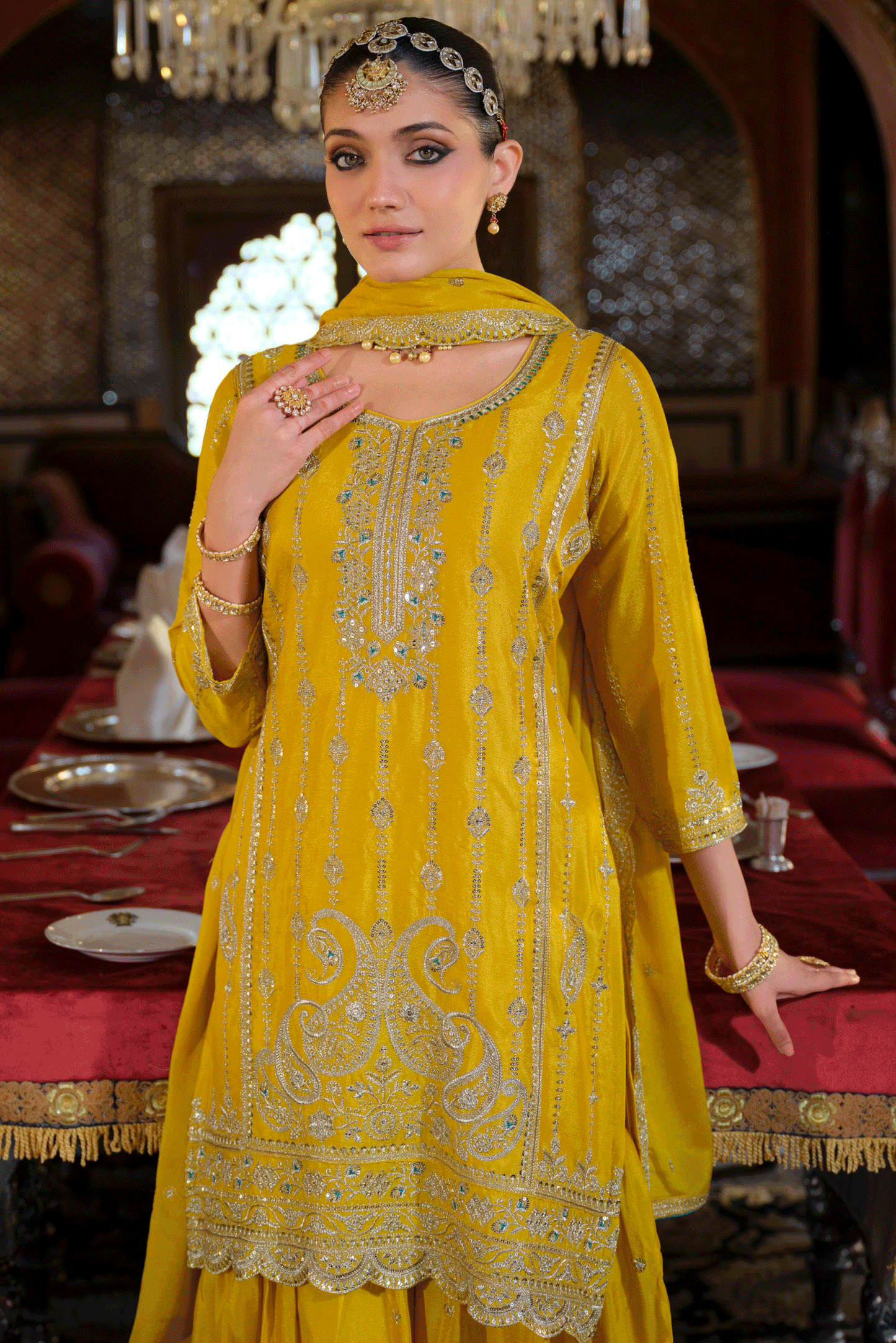 Yellow Readymade Embroidered Chinon Palazzo Suit-SS822_2_SareeButa.com