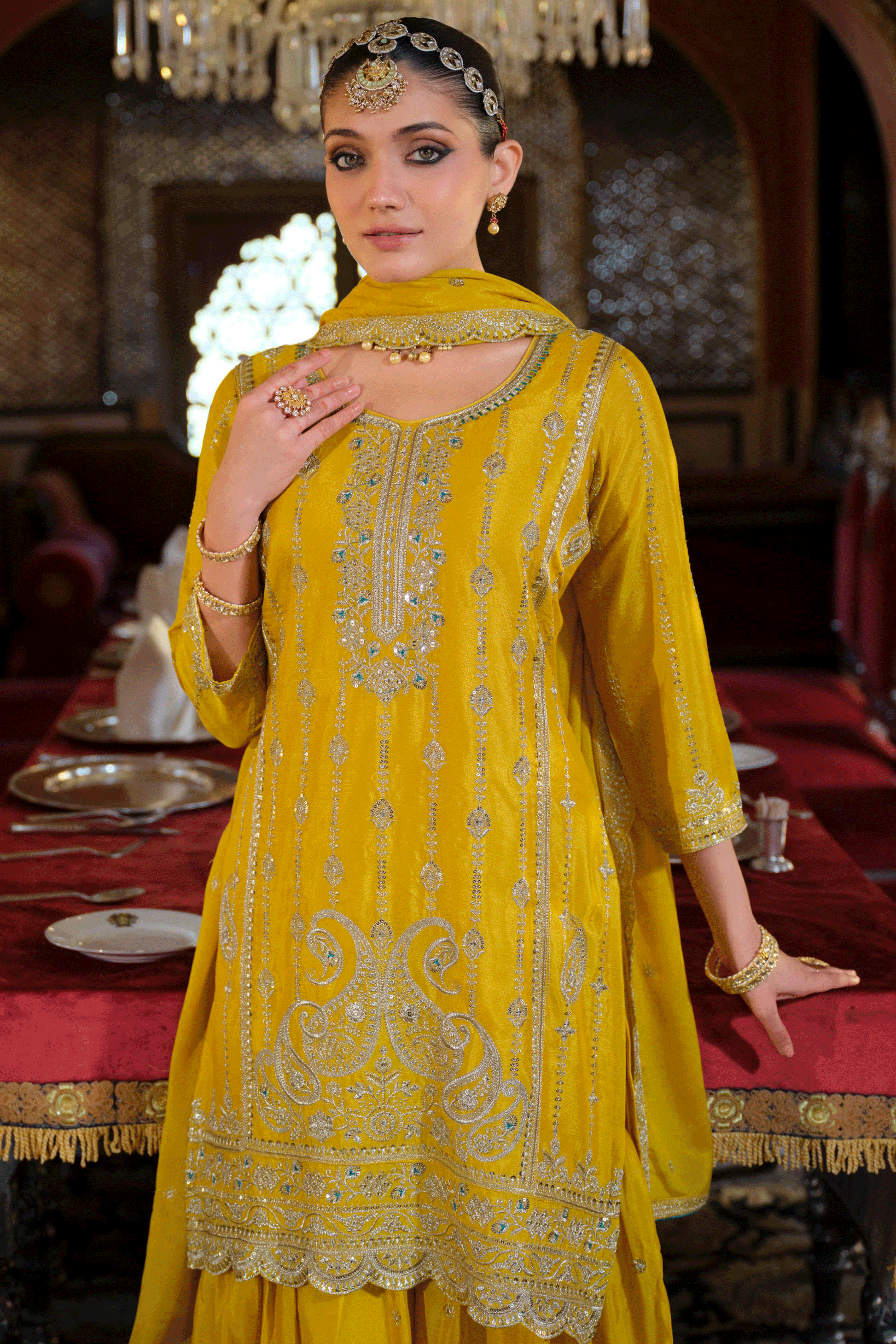 Yellow Readymade Embroidered Chinon Palazzo Suit-SS822_2_SareeButa.com