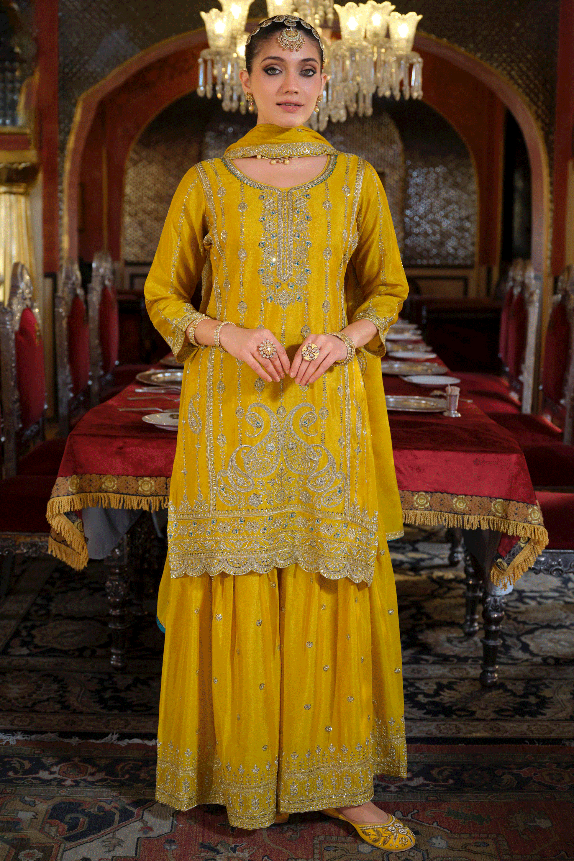 Yellow Readymade Embroidered Chinon Palazzo Suit-SS822_3_SareeButa.com