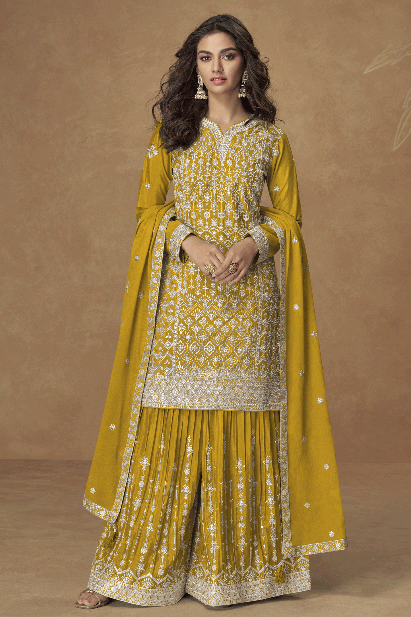 Yellow Readymade Embroidered Chinon Silk Palazzo Suit-SS850_1_SareeButa.com