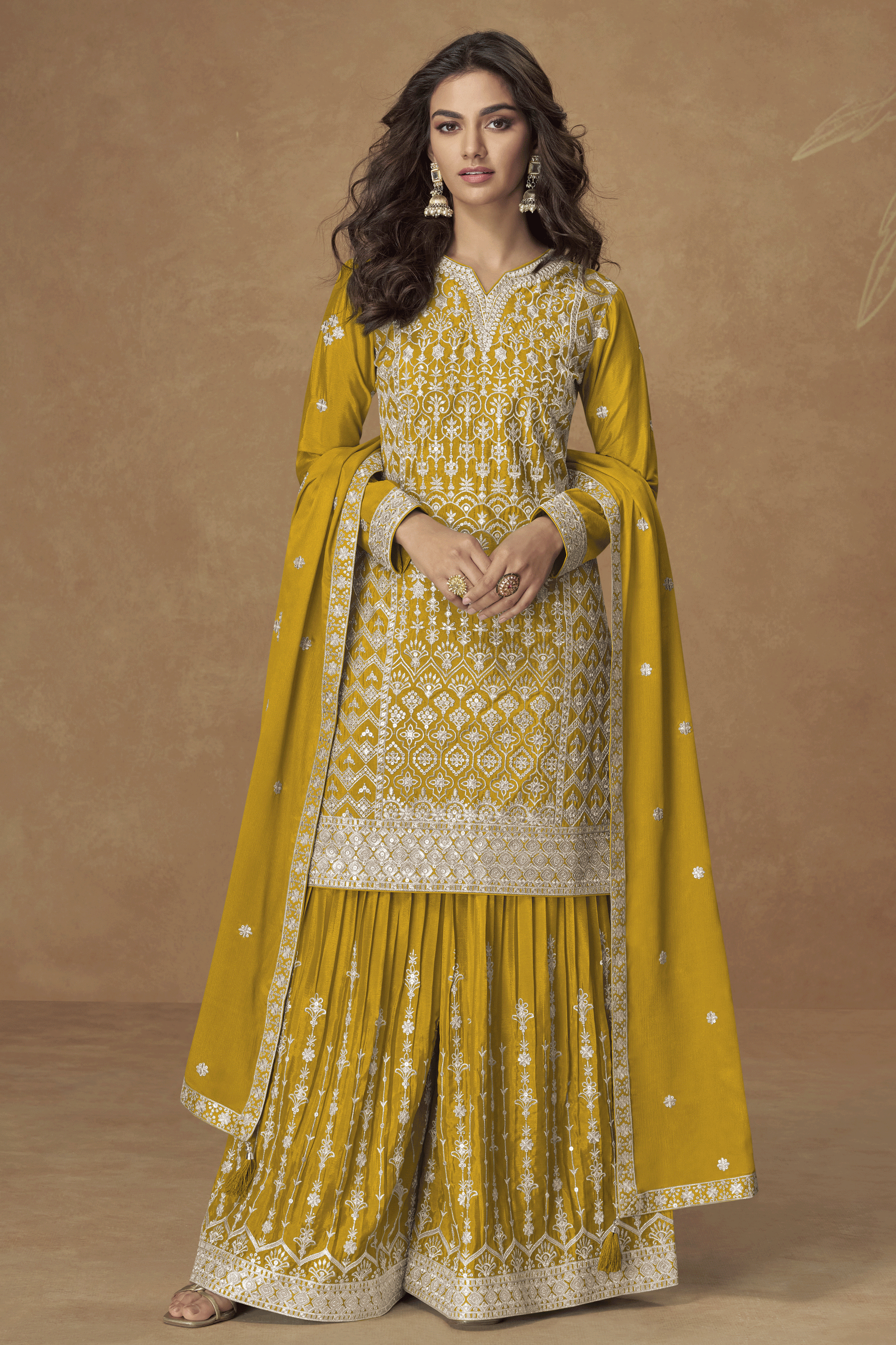 Yellow Readymade Embroidered Chinon Silk Palazzo Suit-SS850_1_SareeButa.com