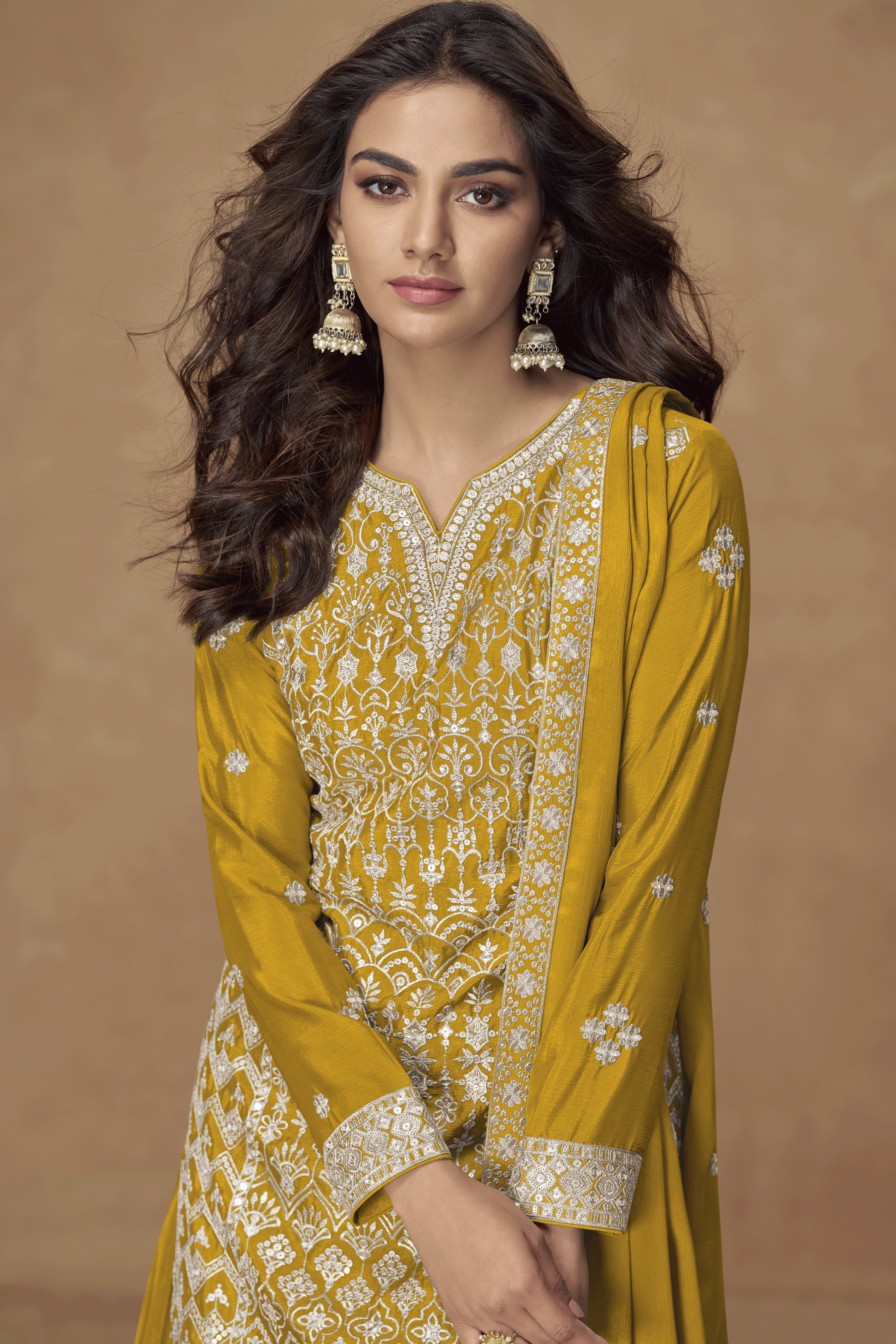 Yellow Readymade Embroidered Chinon Silk Palazzo Suit-SS850_2_SareeButa.com
