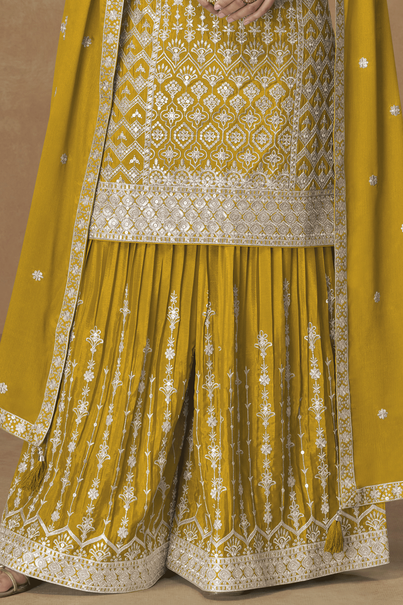 Yellow Readymade Embroidered Chinon Silk Palazzo Suit-SS850_3_SareeButa.com