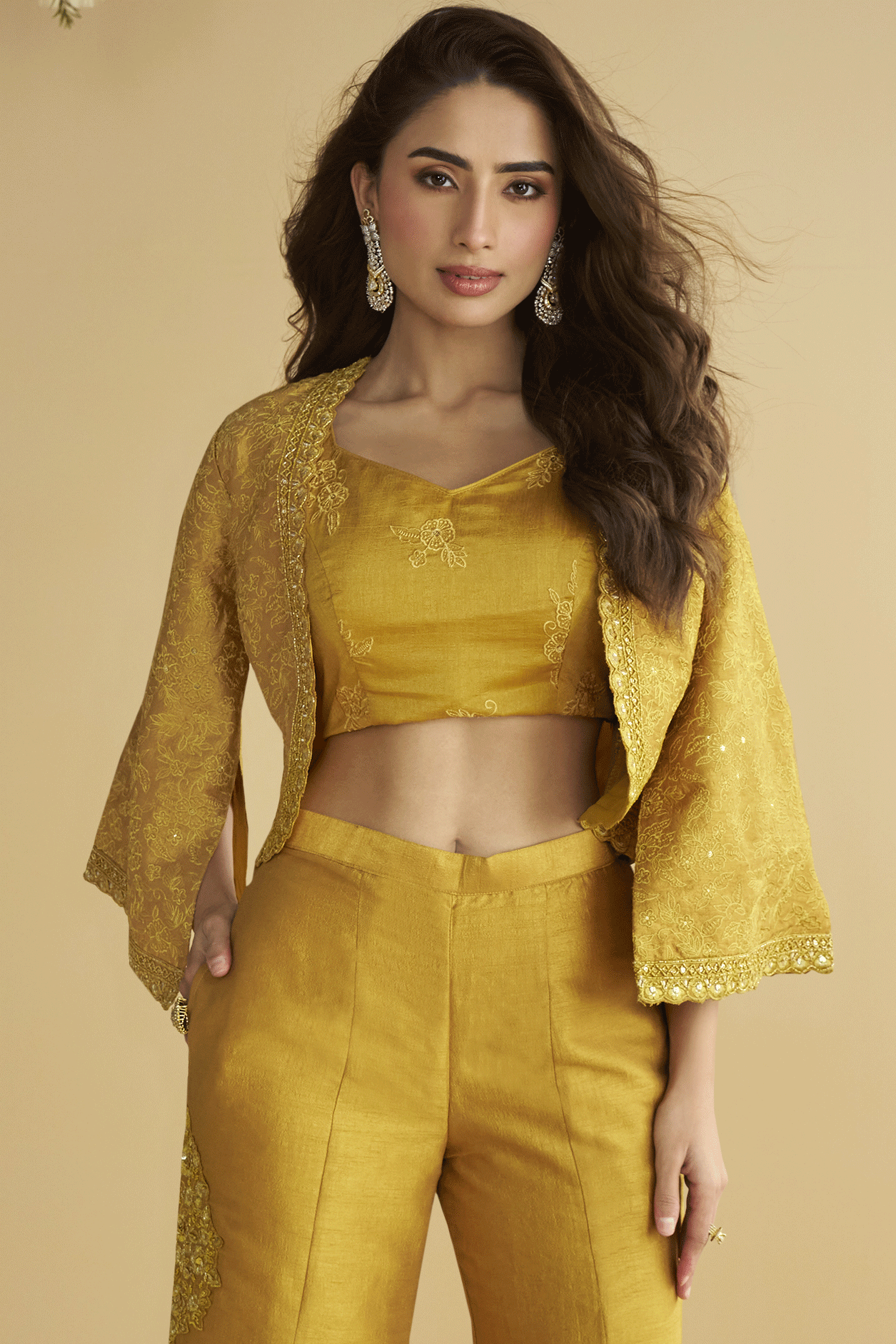 Yellow Readymade Embroidered Silk Palazzo Set-SS805_3_SareeButa.com