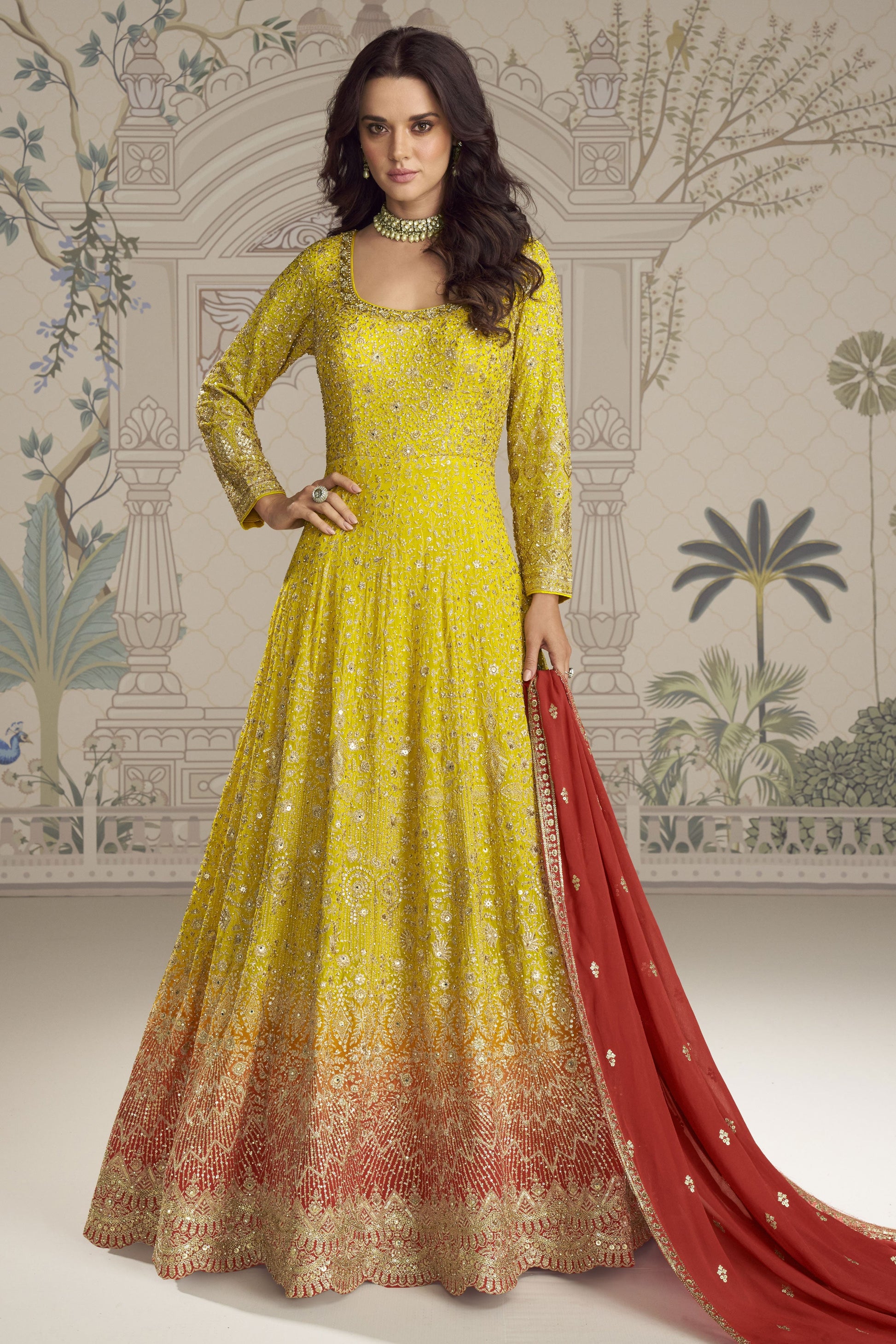 Yellow Readymade Georgette Gown with Dupatta-SS911_1_SareeButa.com