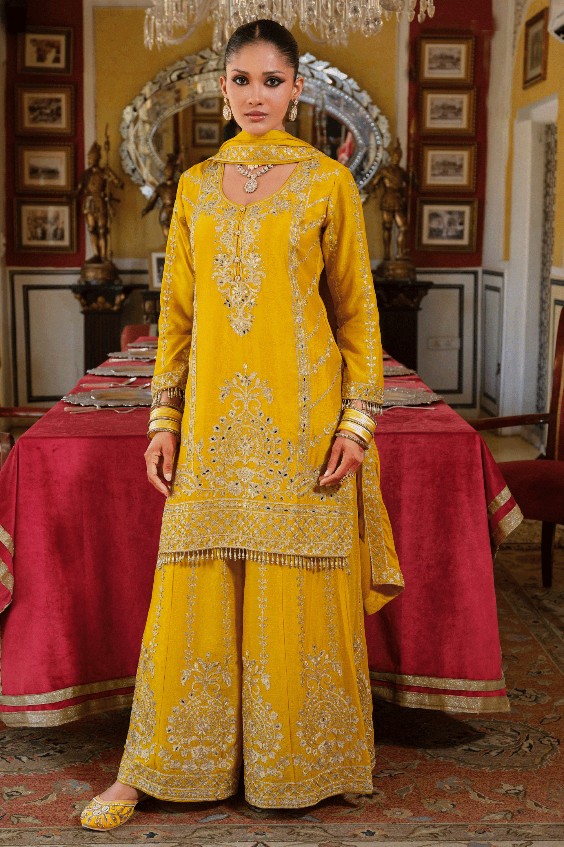 Yellow Readymade Heavy Work Chinon Palazzo Suit-SS652_1_SareeButa.com