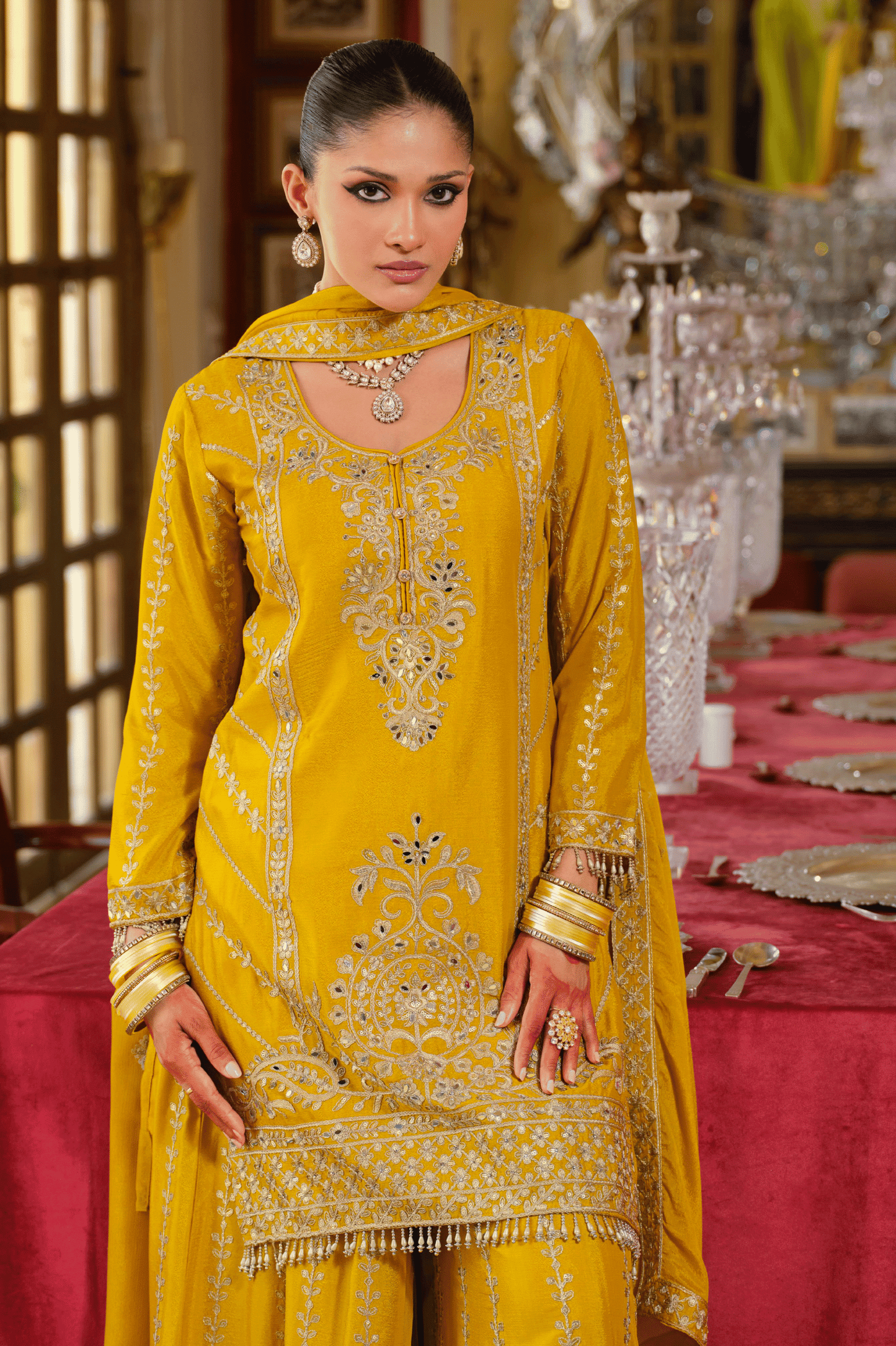 Yellow Readymade Heavy Work Chinon Palazzo Suit-SS652_2_SareeButa.com