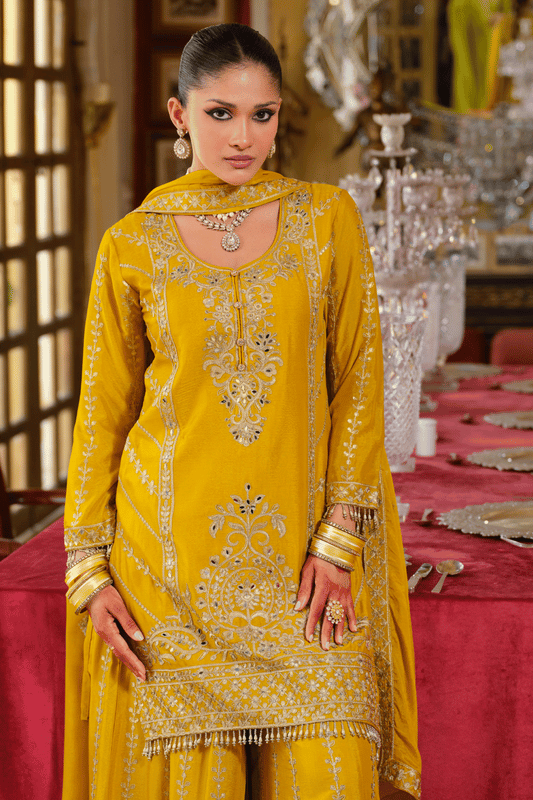 Yellow Readymade Heavy Work Chinon Palazzo Suit-SS652_2_SareeButa.com