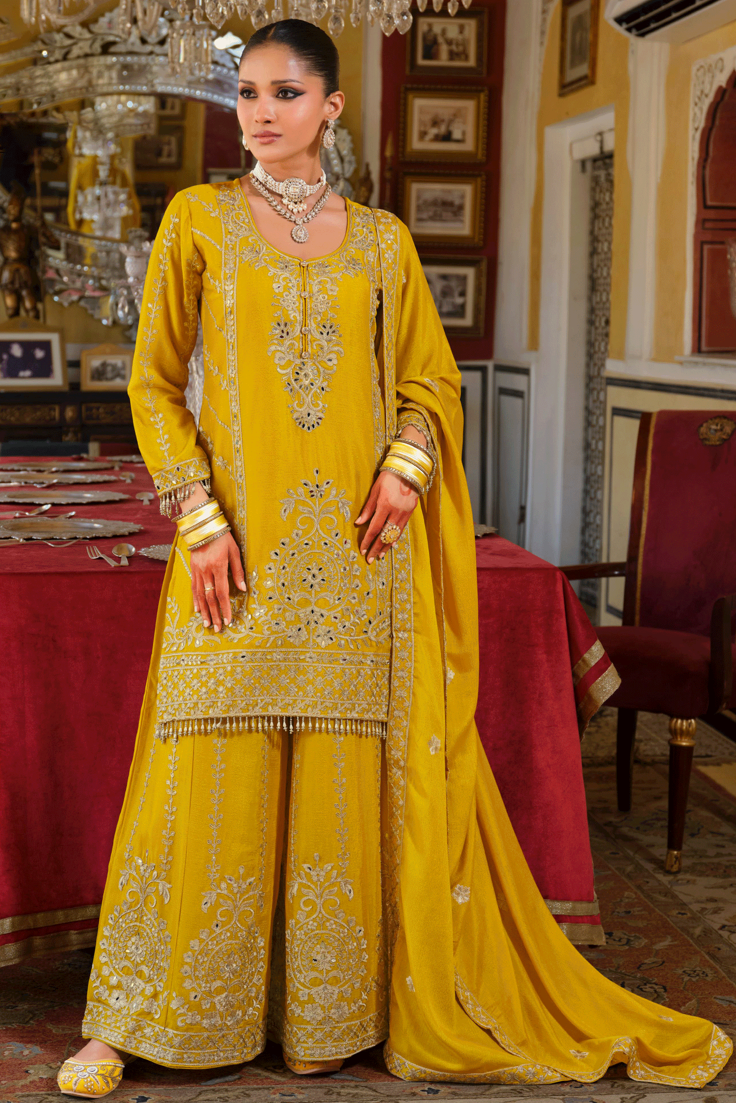 Yellow Readymade Heavy Work Chinon Palazzo Suit-SS652_3_SareeButa.com